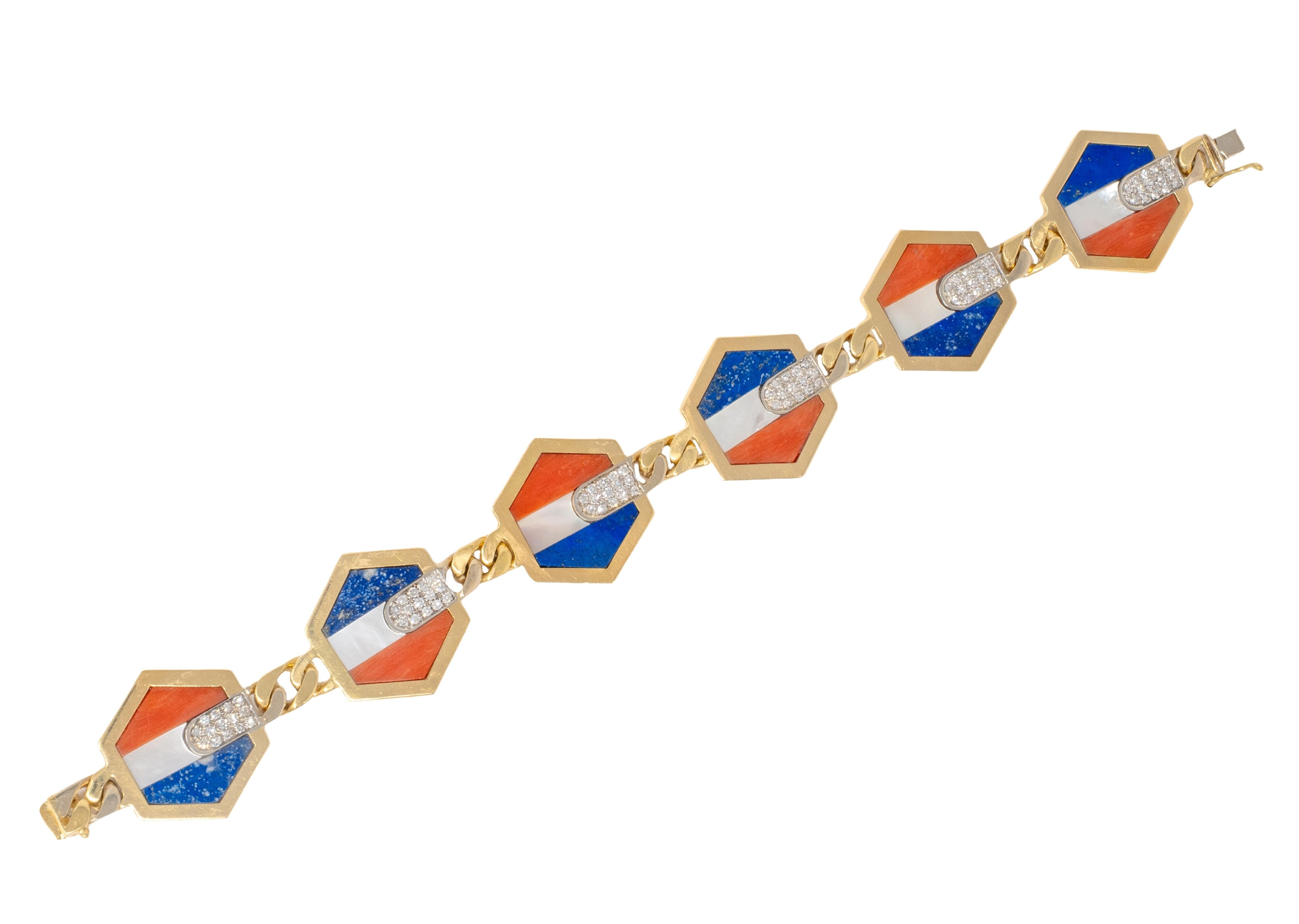 Bulgari Stars and Stripes 1970's Diamond Coral Lapis 18K Gold Vintage Bracelet