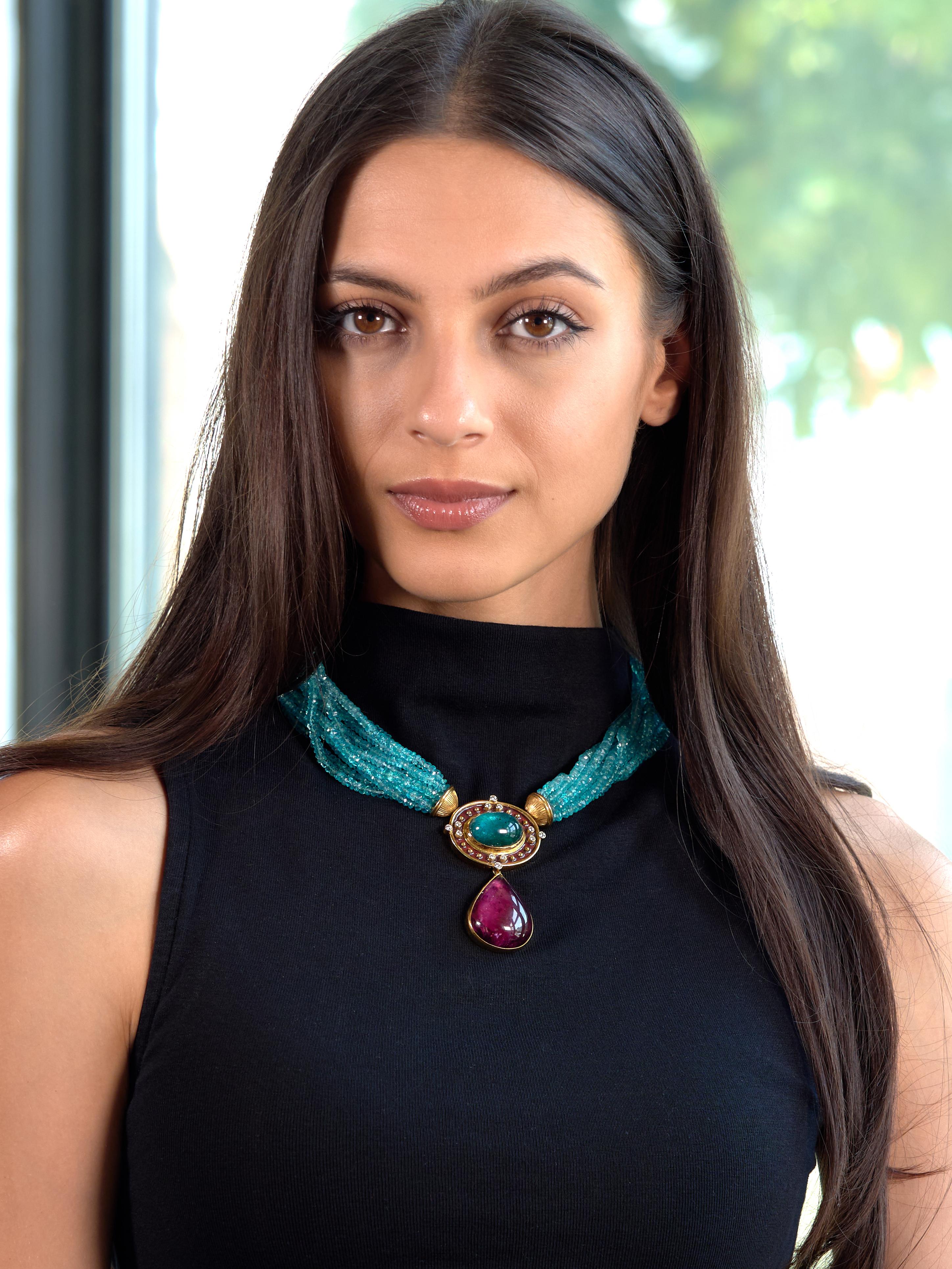 Alopa Diamond Multi-Gem Enamel 18K Gold Vintage Convertible Station Necklace