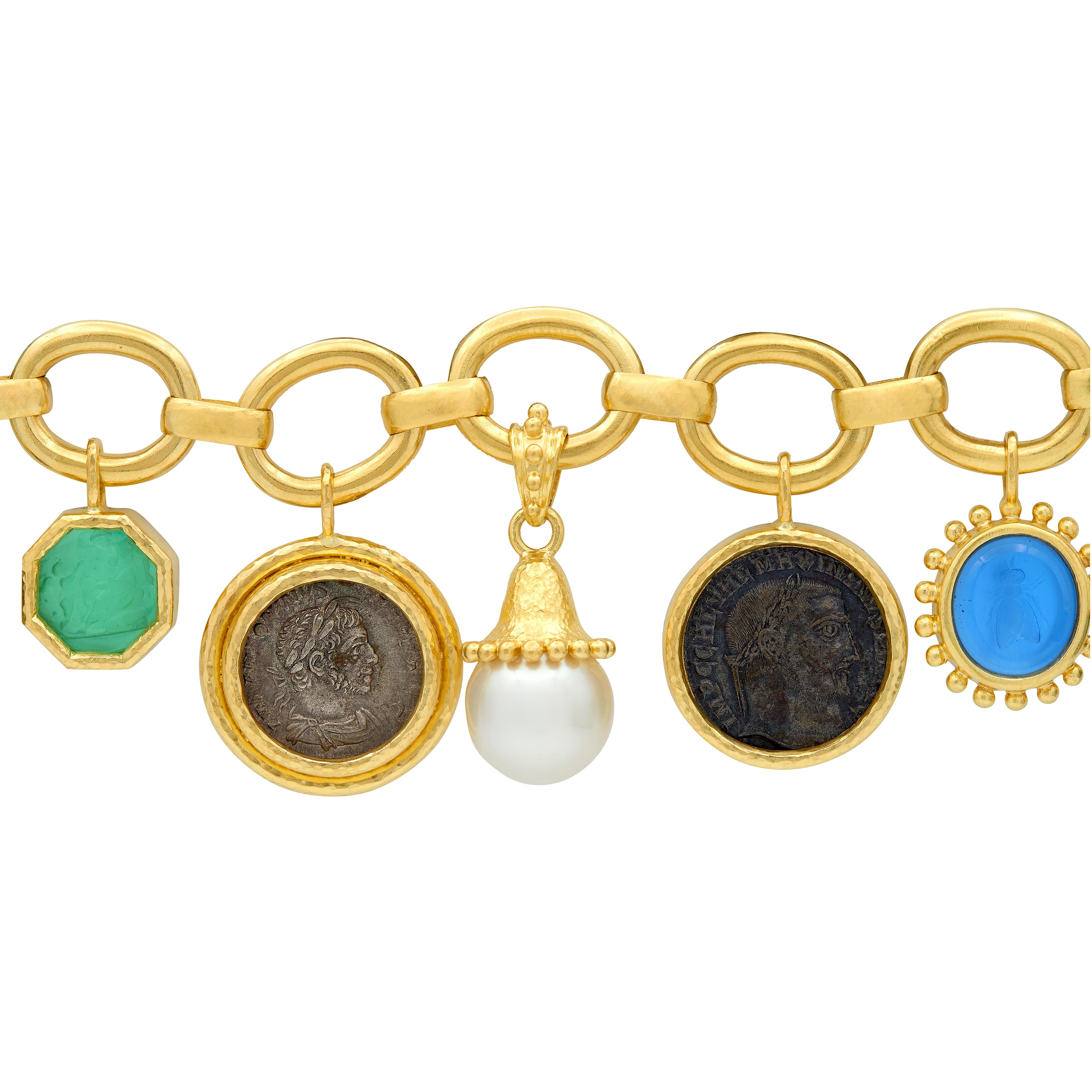 Elizabeth Locke 2000's Multi-Gem 19 Karat Yellow Gold Intaglio Charm Bracelet