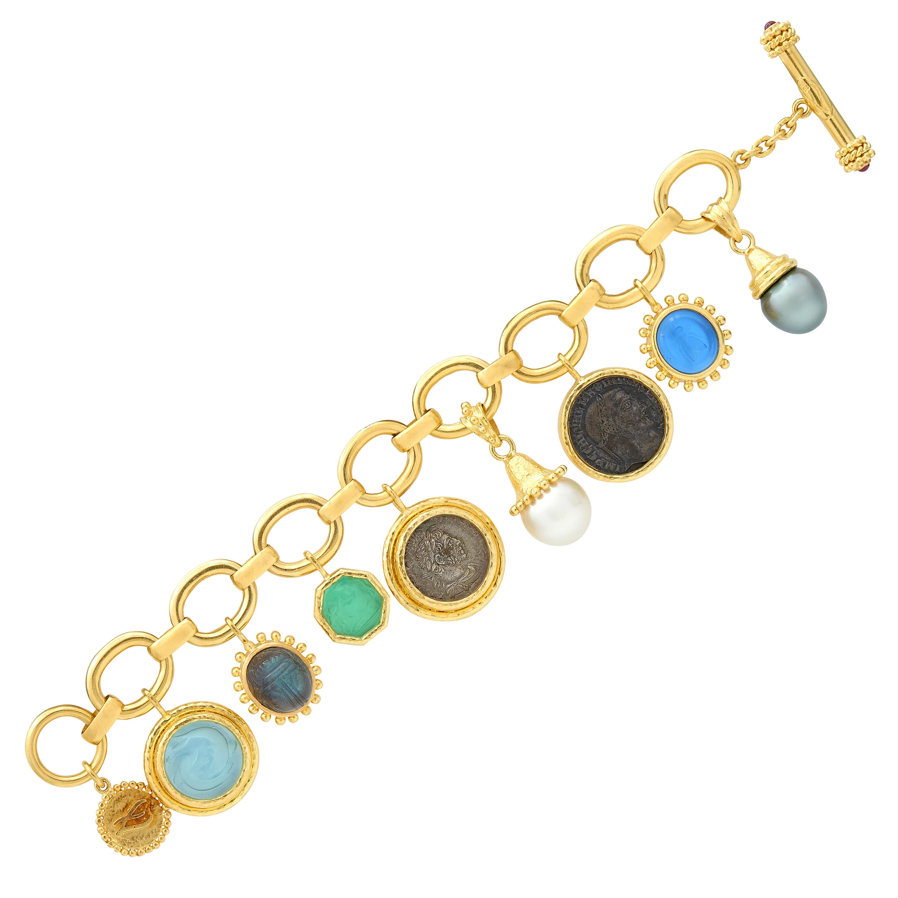 Elizabeth Locke 2000's Multi-Gem 19 Karat Yellow Gold Intaglio Charm Bracelet