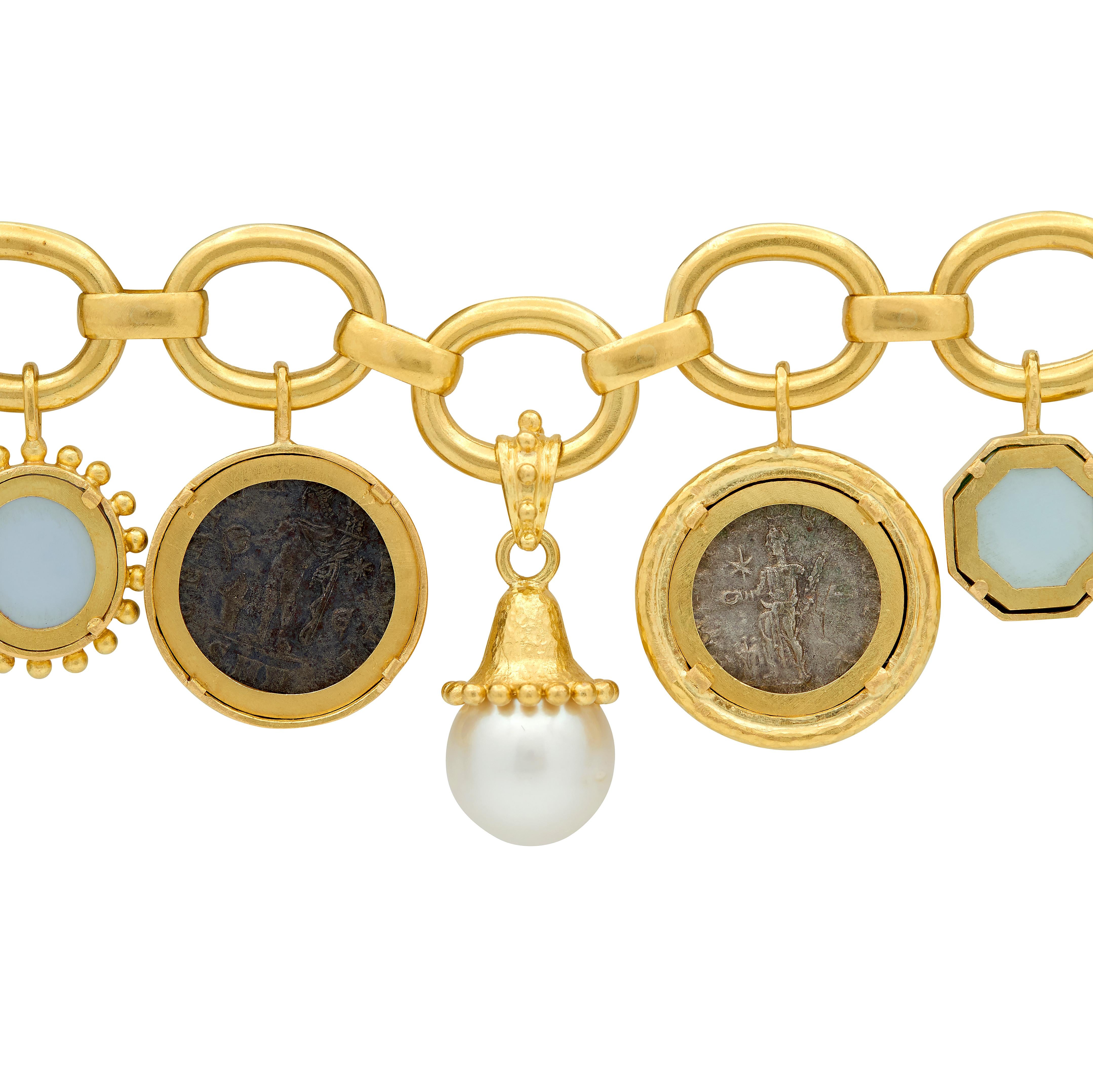 Elizabeth Locke 2000's Multi-Gem 19 Karat Yellow Gold Intaglio Charm Bracelet