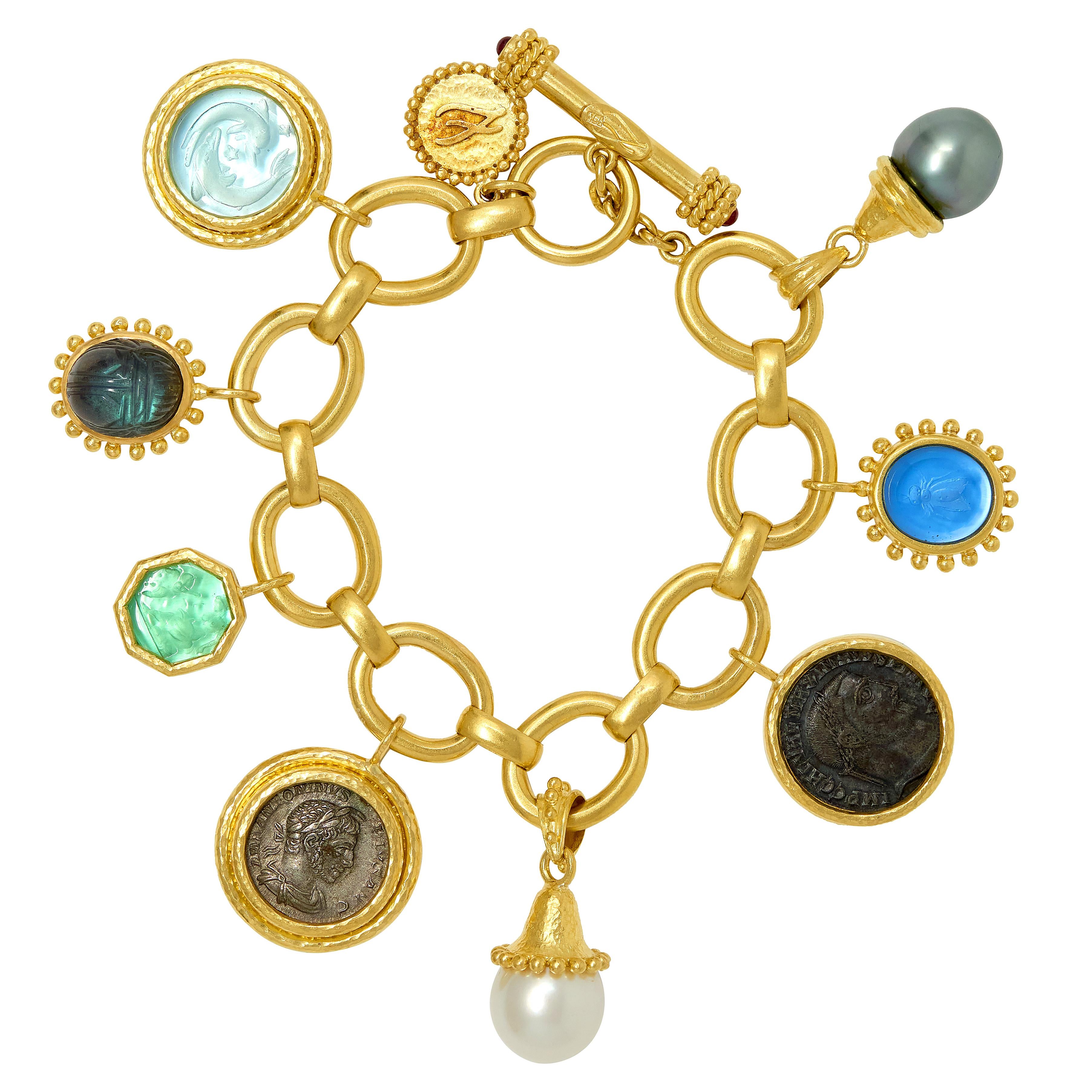 Elizabeth Locke 2000's Multi-Gem 19 Karat Yellow Gold Intaglio Charm Bracelet
