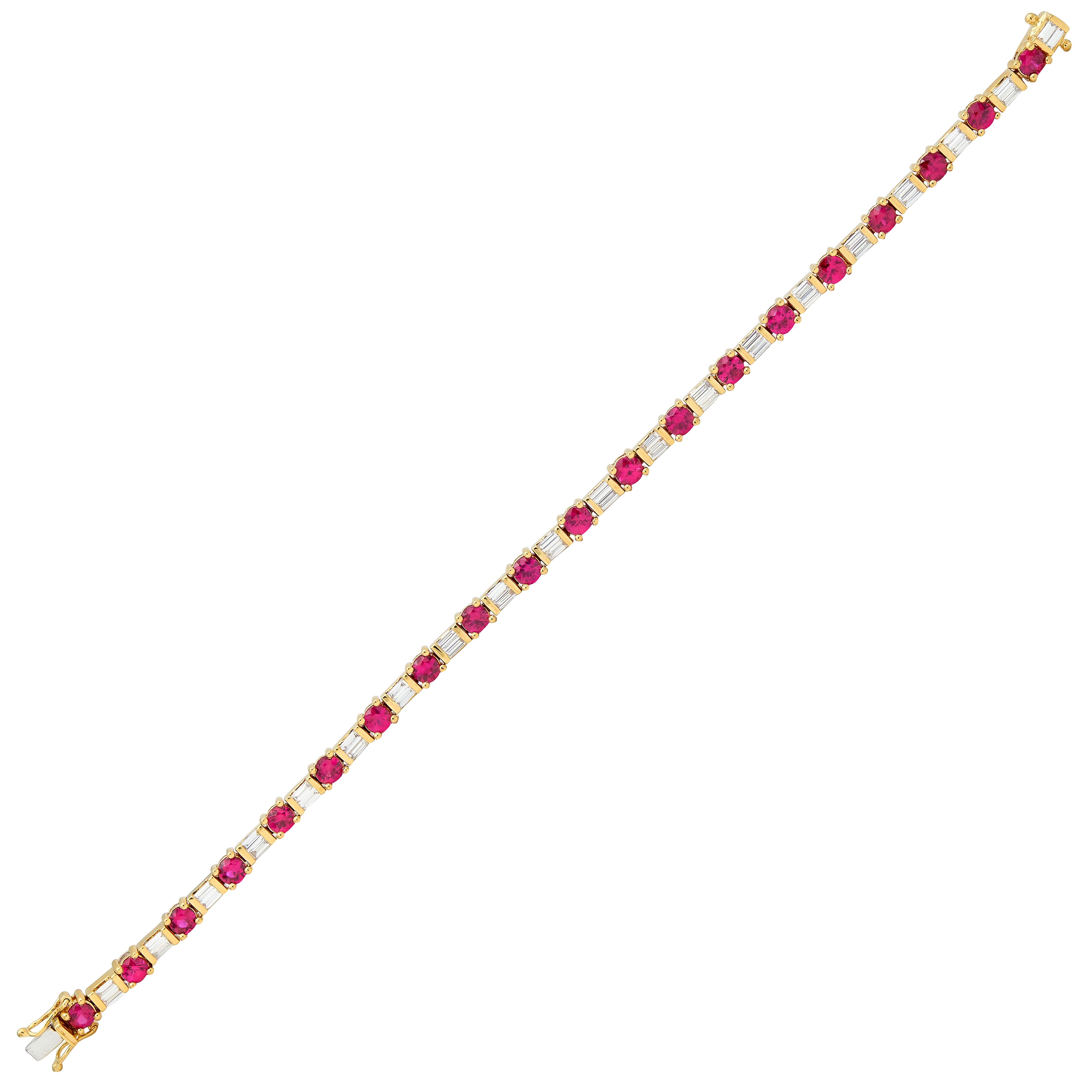 2000's 6.40 CTW Diamond Ruby 18K Yellow Gold Vintage Dash & Dot Line Bracelet