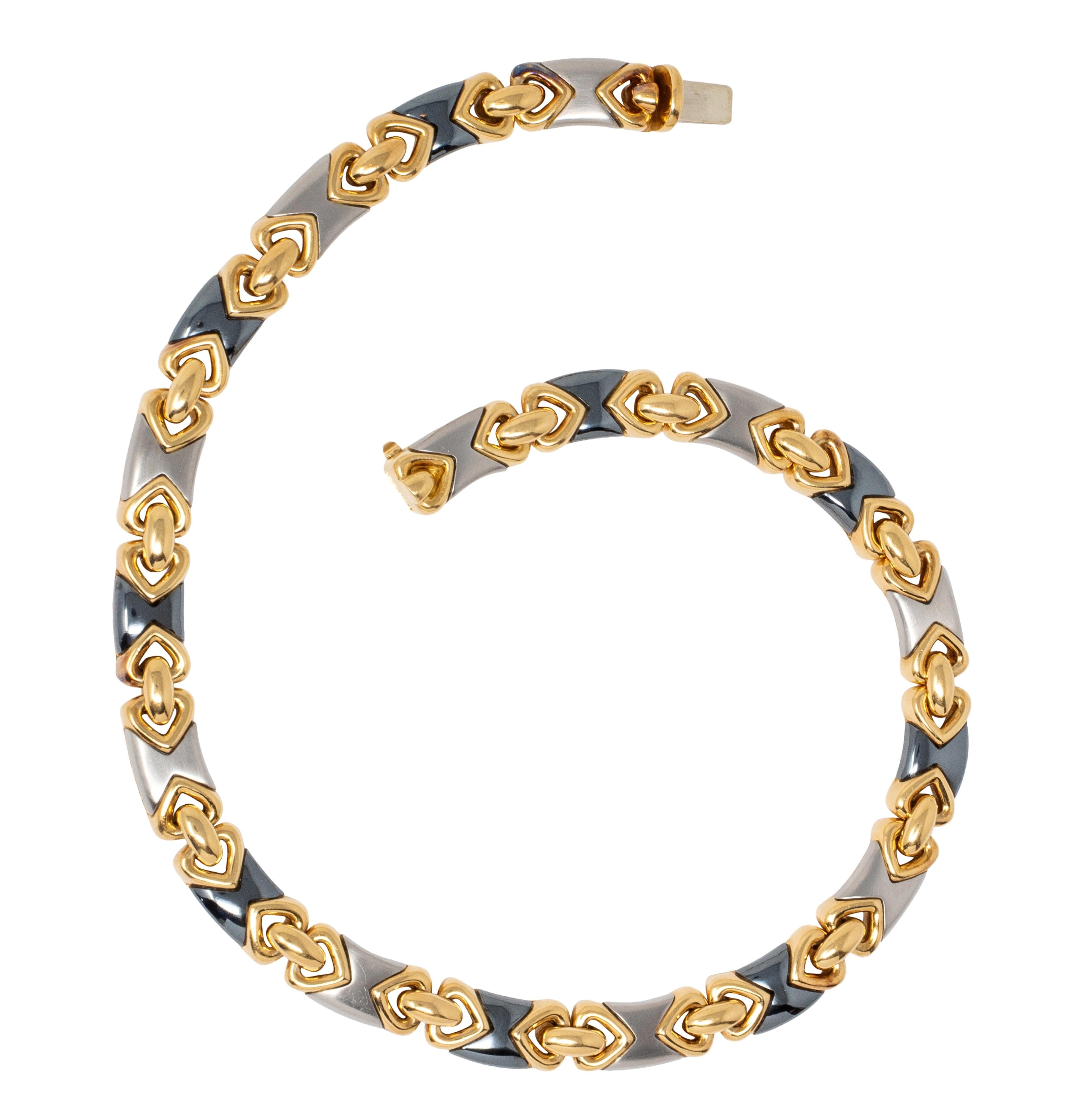 Bulgari 1980's 18 Karat Yellow Gold Hematite Steel Vintage Doppio Cuore Necklace