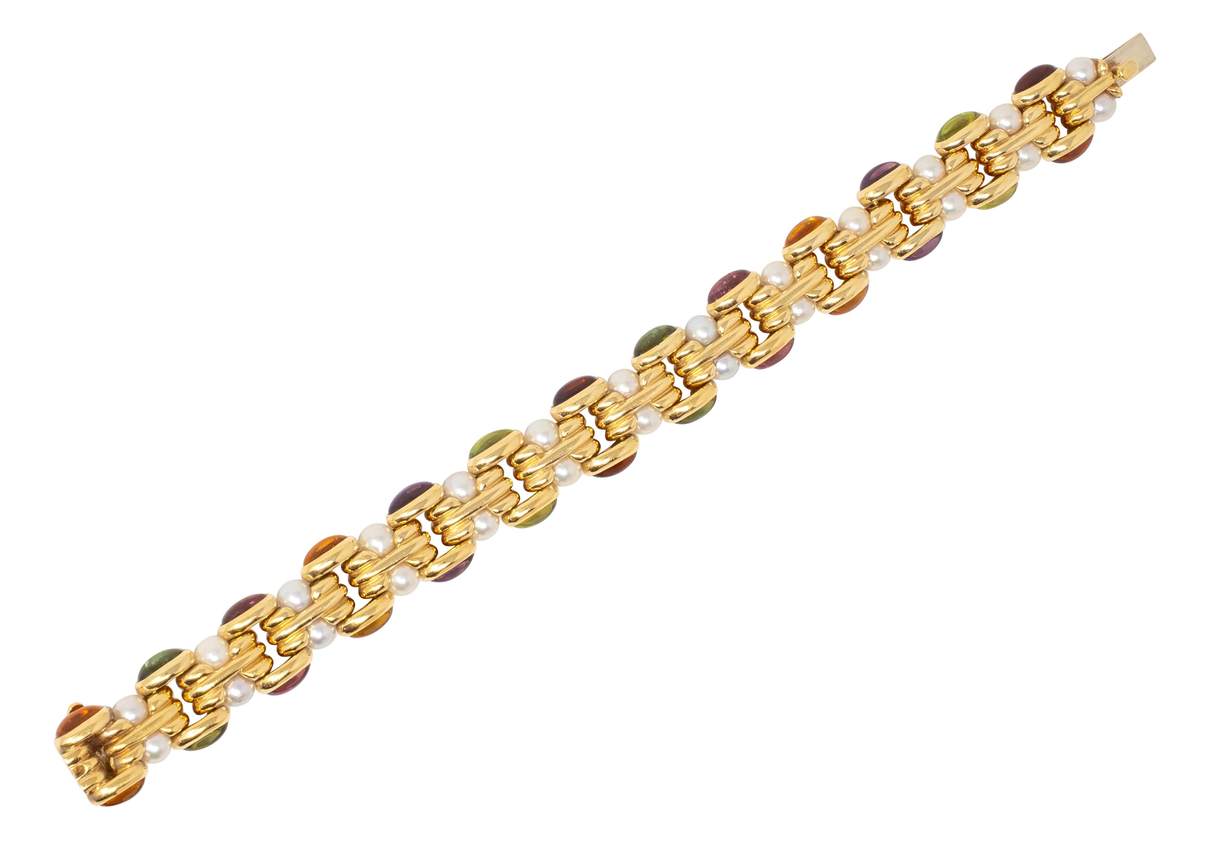 Bulgari 1980's Multi-Gem Citrine Pearl 18K Yellow Gold Vintage Link Bracelet