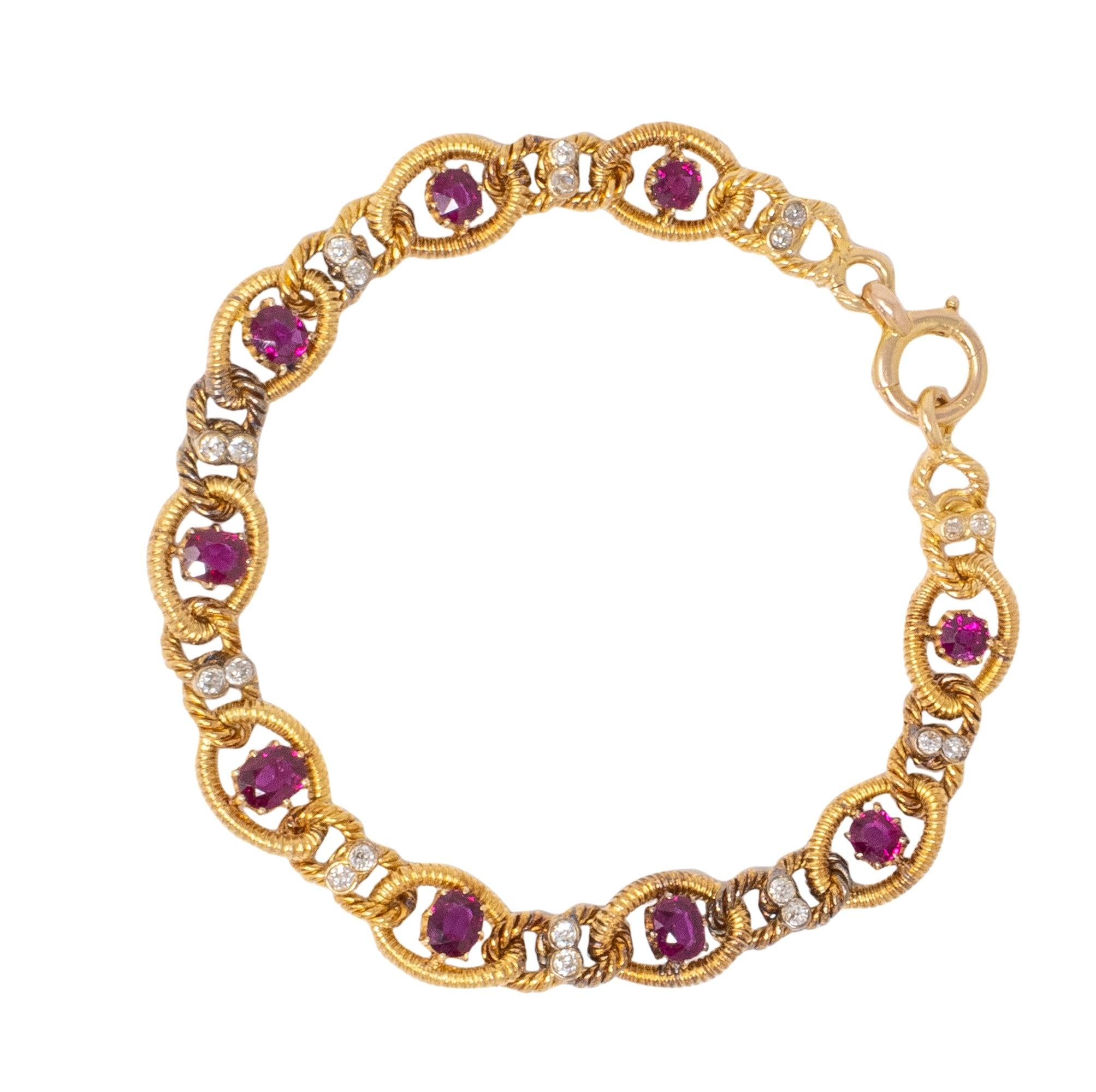 Victorian Diamond Ruby 18 Karat Yellow Gold Antique Twisted Rope Bracelet
