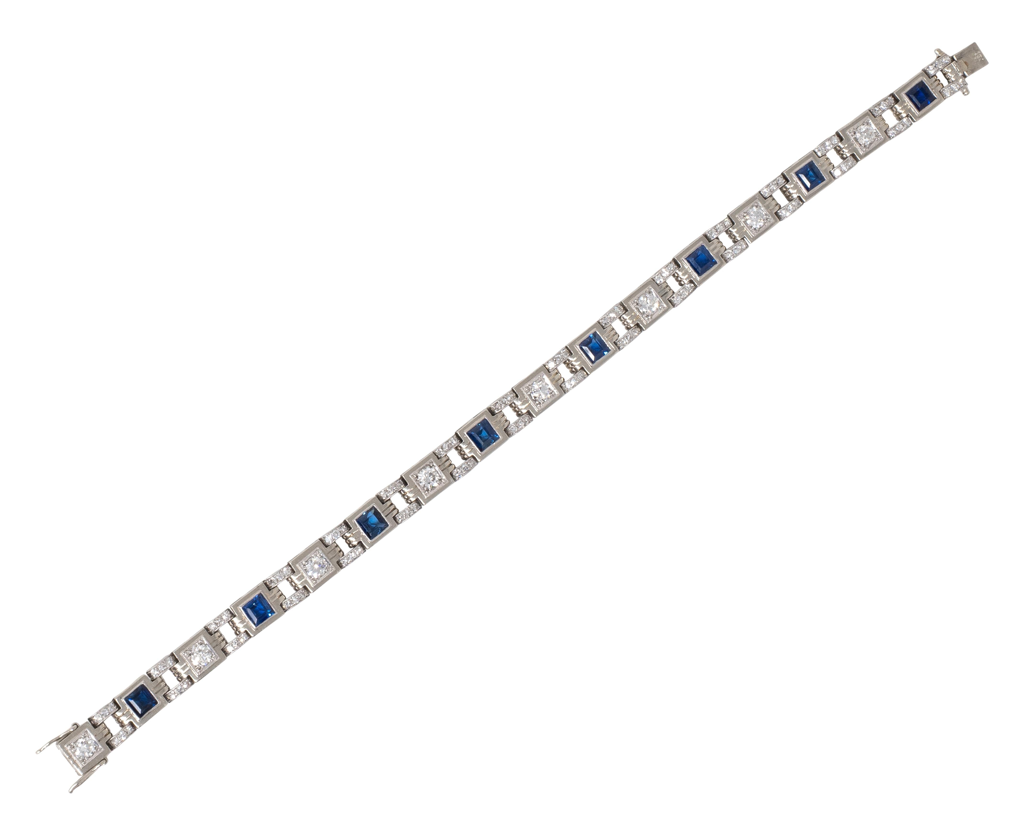 Art Deco 5.84 CTW Diamond Sapphire 18 Karat White Gold Vintage Line Bracelet