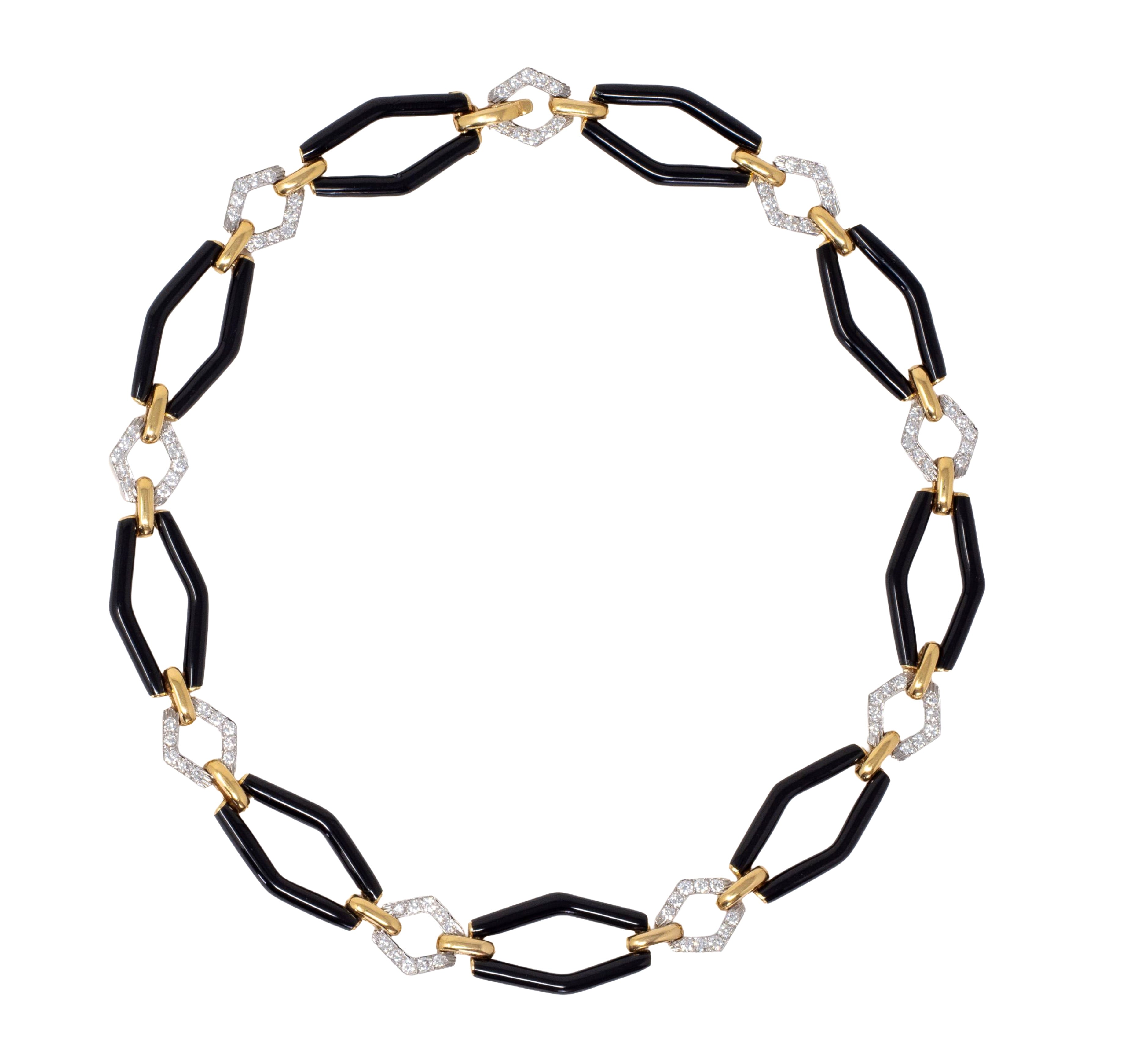 David Webb 1980's Diamond Enamel 18 Karat Yellow Gold Platinum Vintage Navette Link Necklace