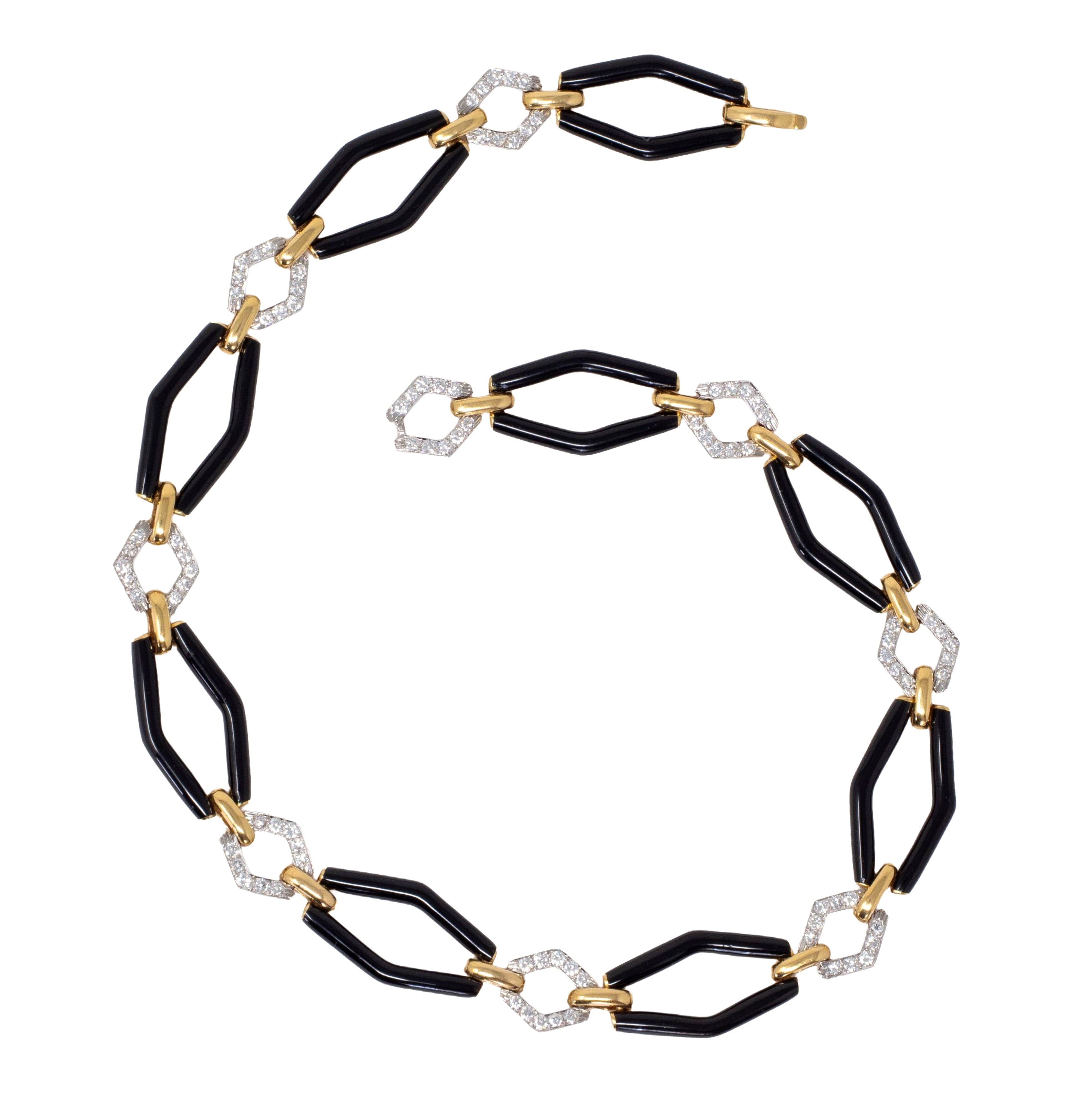 David Webb 1980's Diamond Enamel 18 Karat Yellow Gold Platinum Vintage Navette Link Necklace