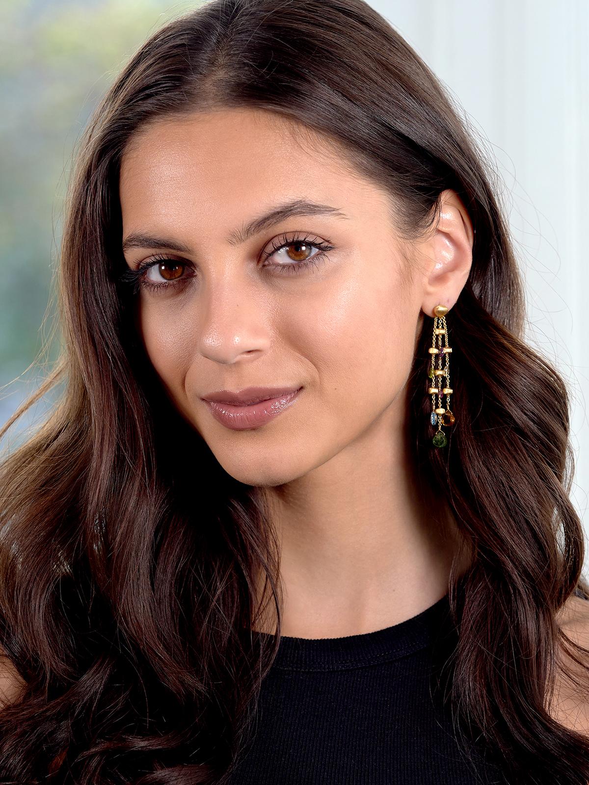 Marco Bicego 2000's Multi-Gem 18K Gold Contemporary Paradise Fringe Earrings