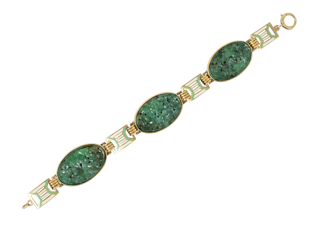 Art Deco Carved Jade Enamel 14 Karat Yellow Gold Fancy Link Vintage Bracelet