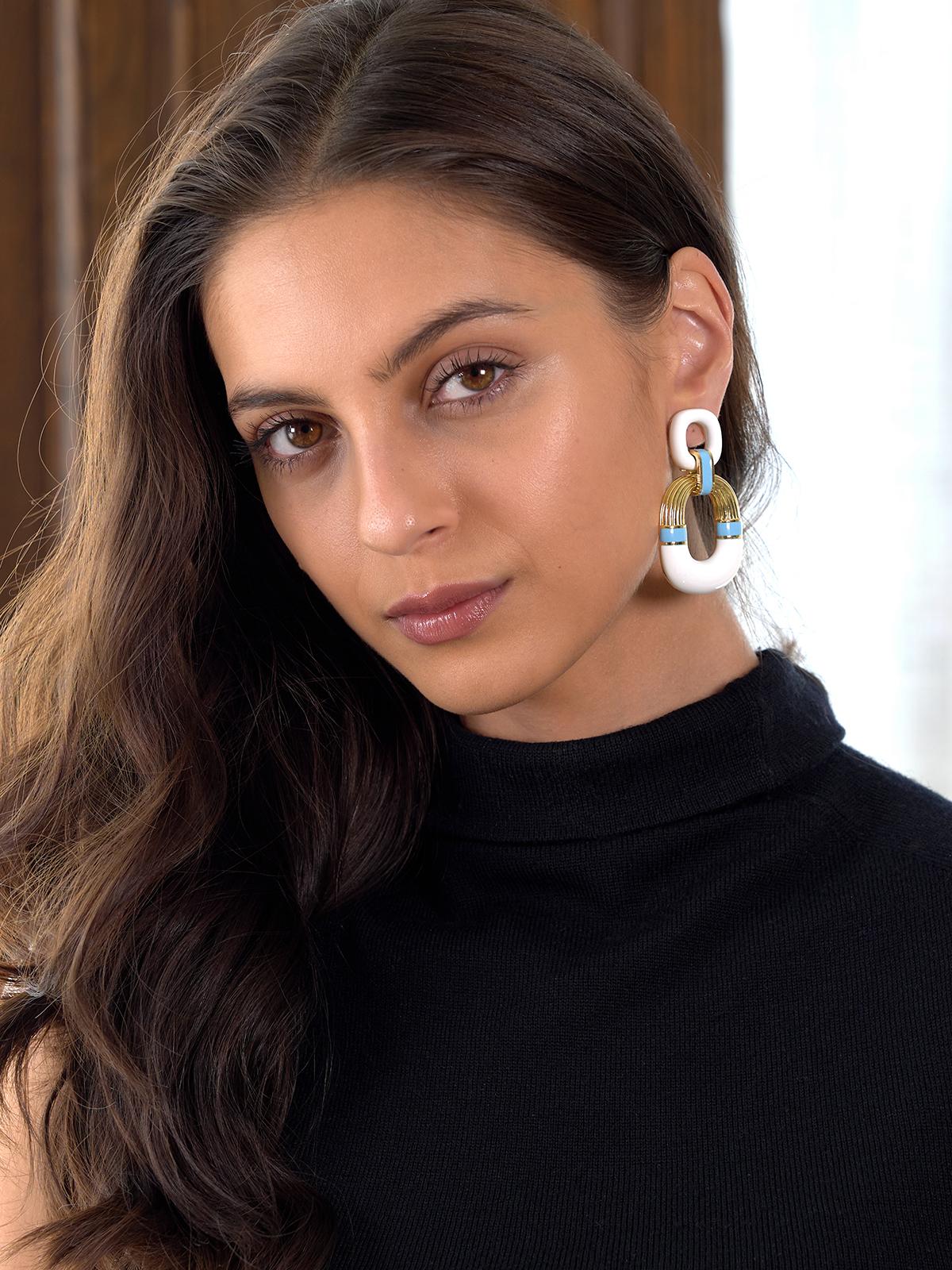 David Webb Contemporary Enamel 18K Gold Radiator Door Knocker Ear-Clip Earrings