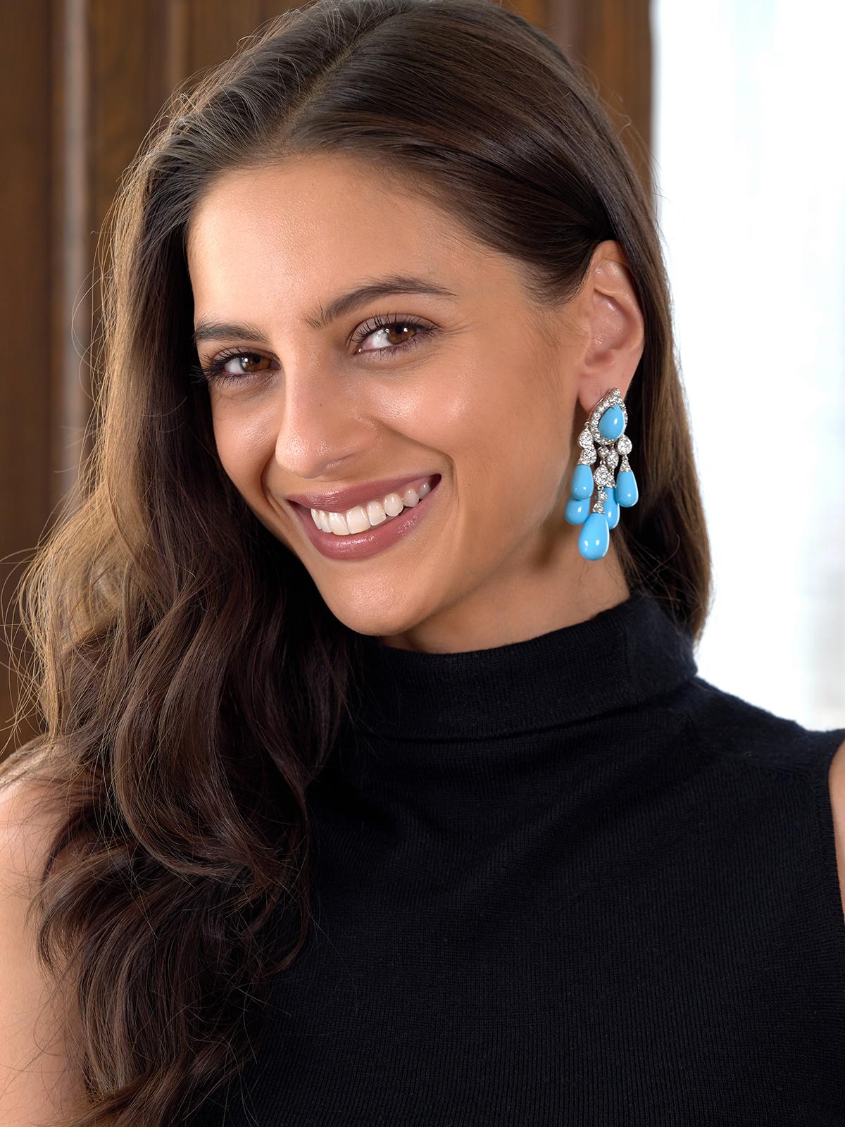 2010's Turquoise Diamond 18K Gold Contemporary Chandelier Ear-Clip Earrings