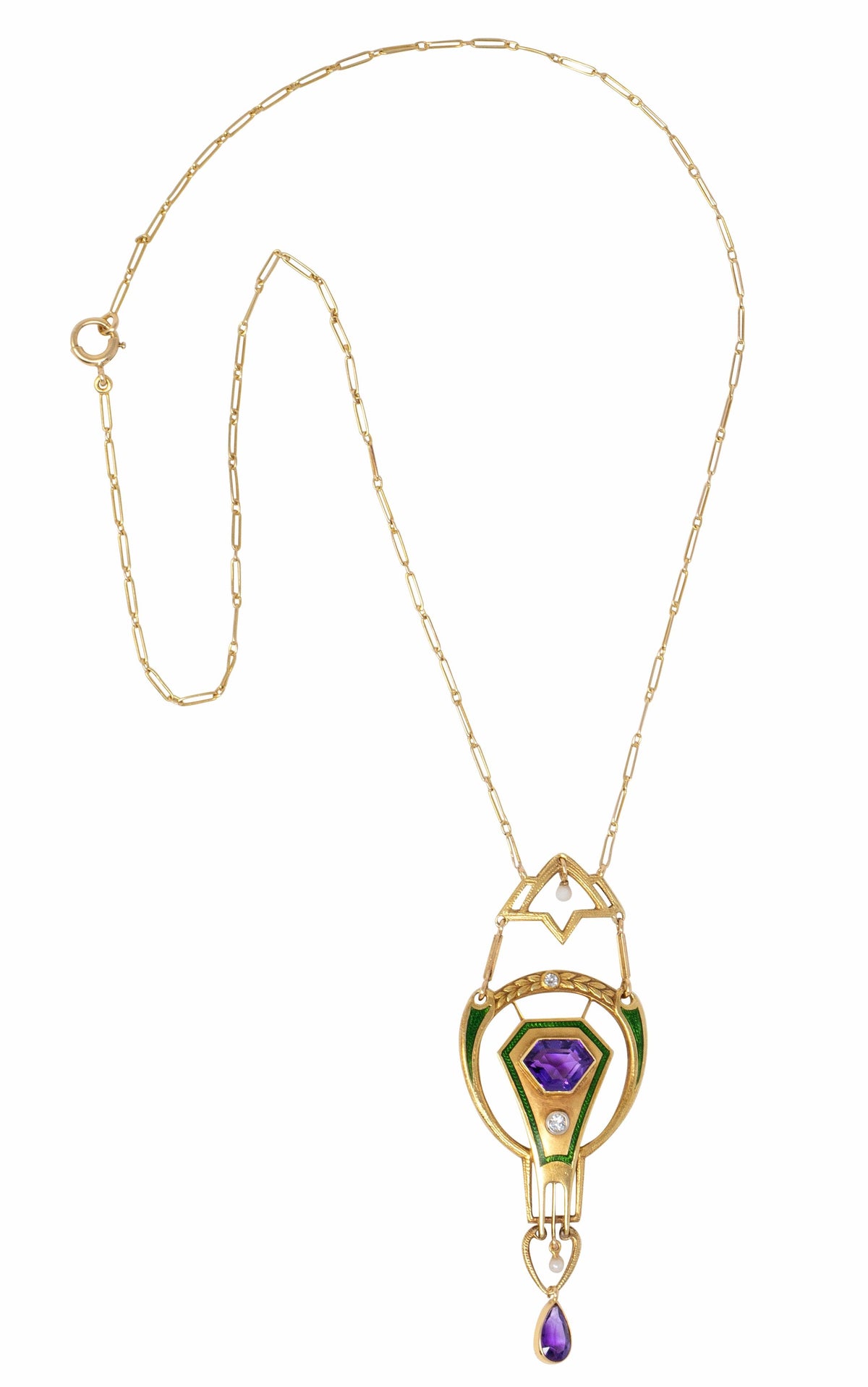 Art Nouveau Amethyst Diamond Pearl Enamel 14K Gold Antique Suffragette Necklace