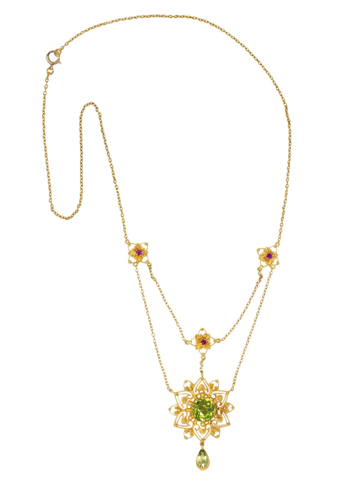 Victorian Peridot Ruby 14 Karat Yellow Gold Antique Starburst Swagged Necklace