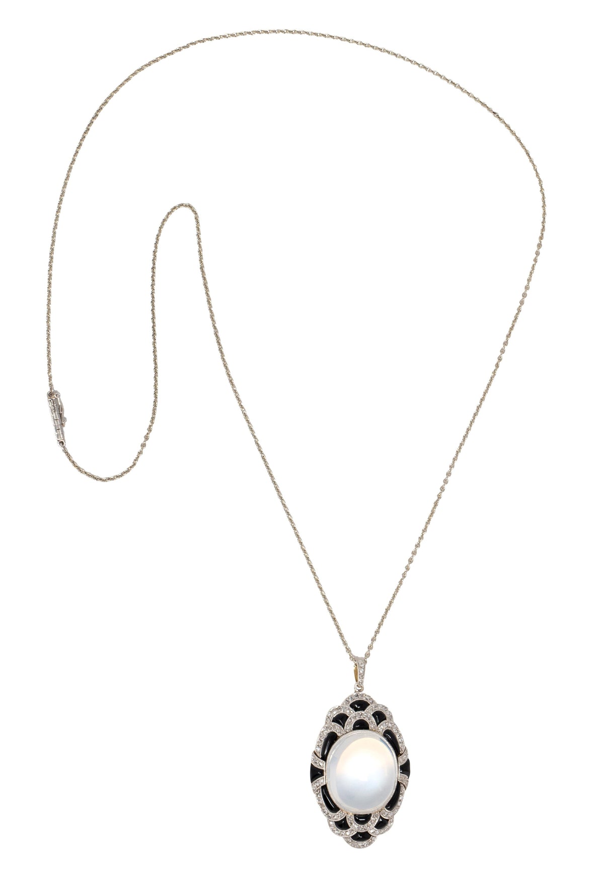 Art Deco Moonstone Diamond Onyx 14K Gold Platinum Vintage Pendant Necklace