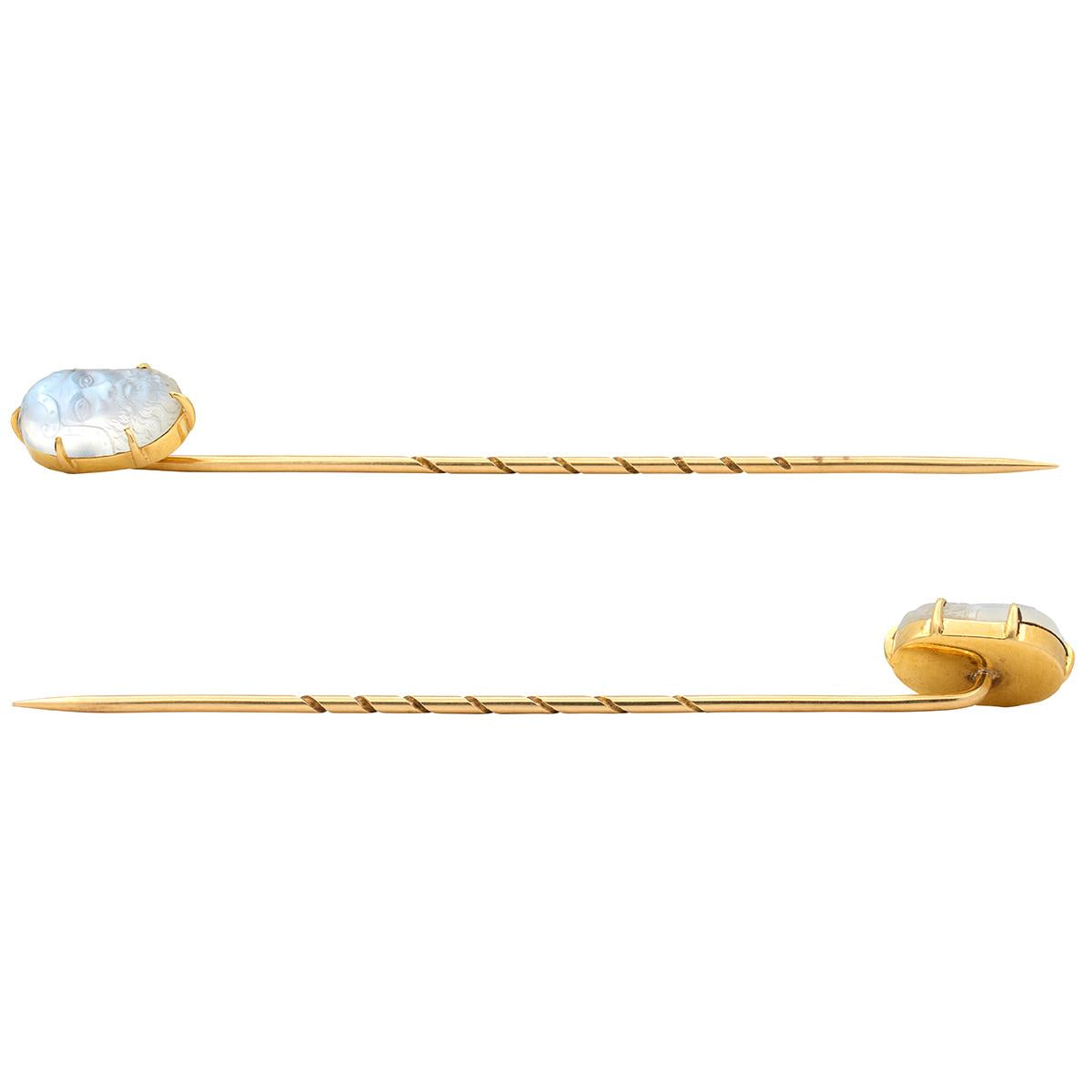 Victorian Carved Cameo Moonstone 14 Karat Yellow Gold Antique Warrior Stickpin