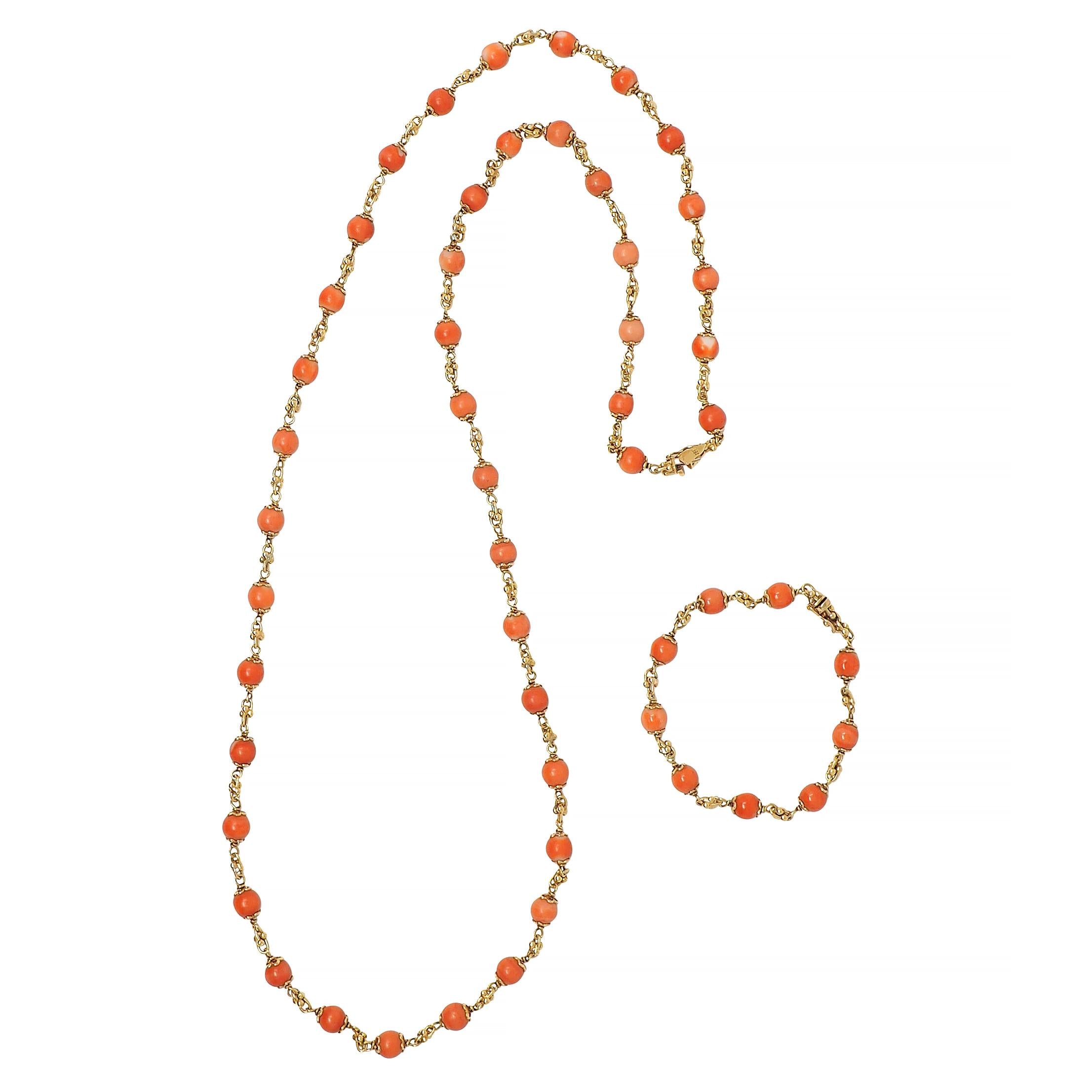 French Coral 18 Karat Yellow Gold Vintage Beaded Chain Link Bracelet & Necklace
