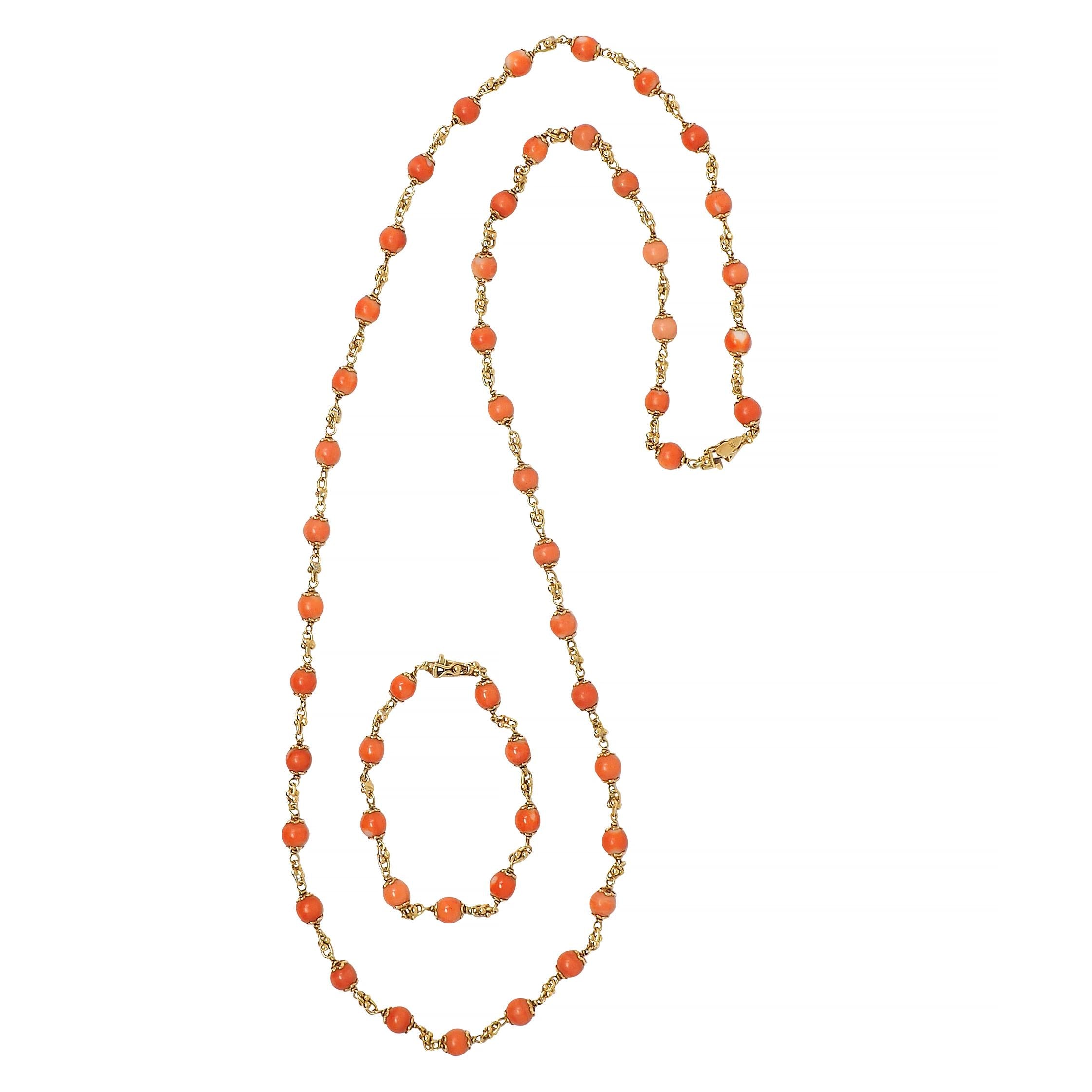 French Coral 18 Karat Yellow Gold Vintage Beaded Chain Link Bracelet & Necklace
