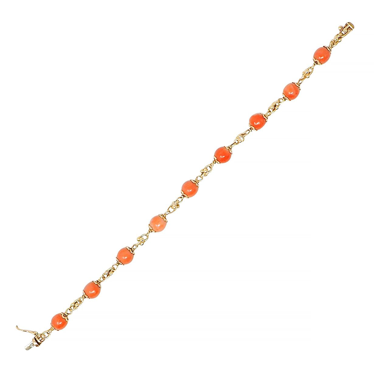French Coral 18 Karat Yellow Gold Vintage Beaded Chain Link Bracelet & Necklace
