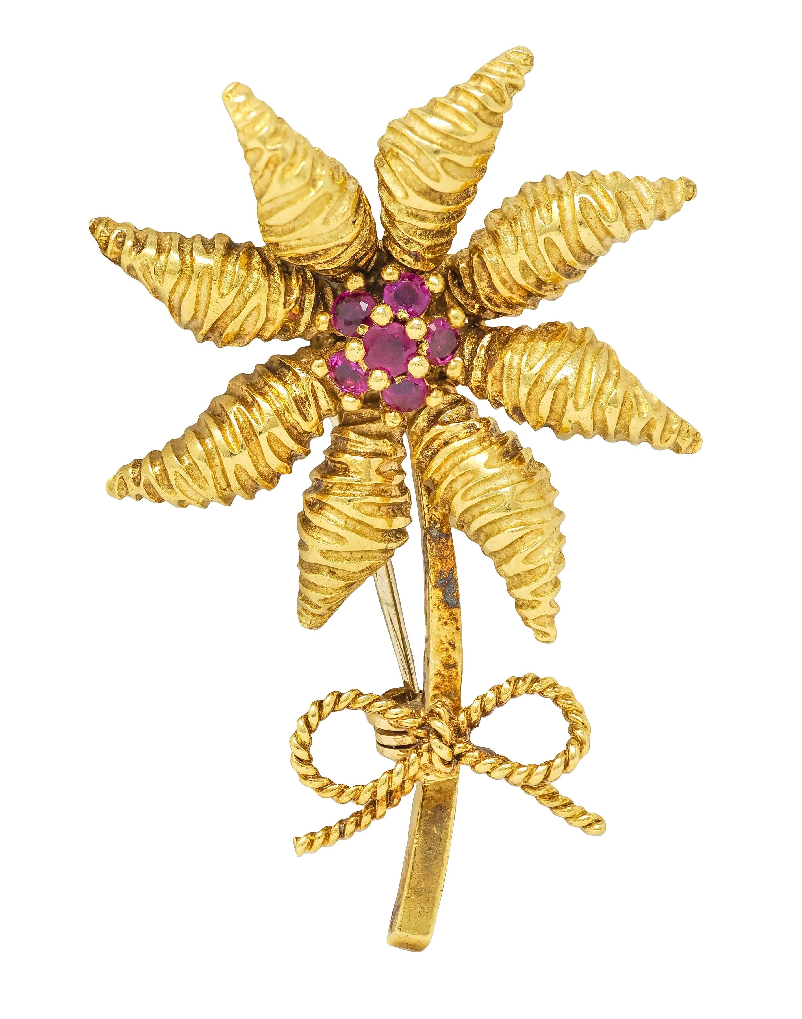 Tiffany & Co. 1970's 0.86 CTW Ruby 18 Karat Yellow Gold Vintage Flower Brooch