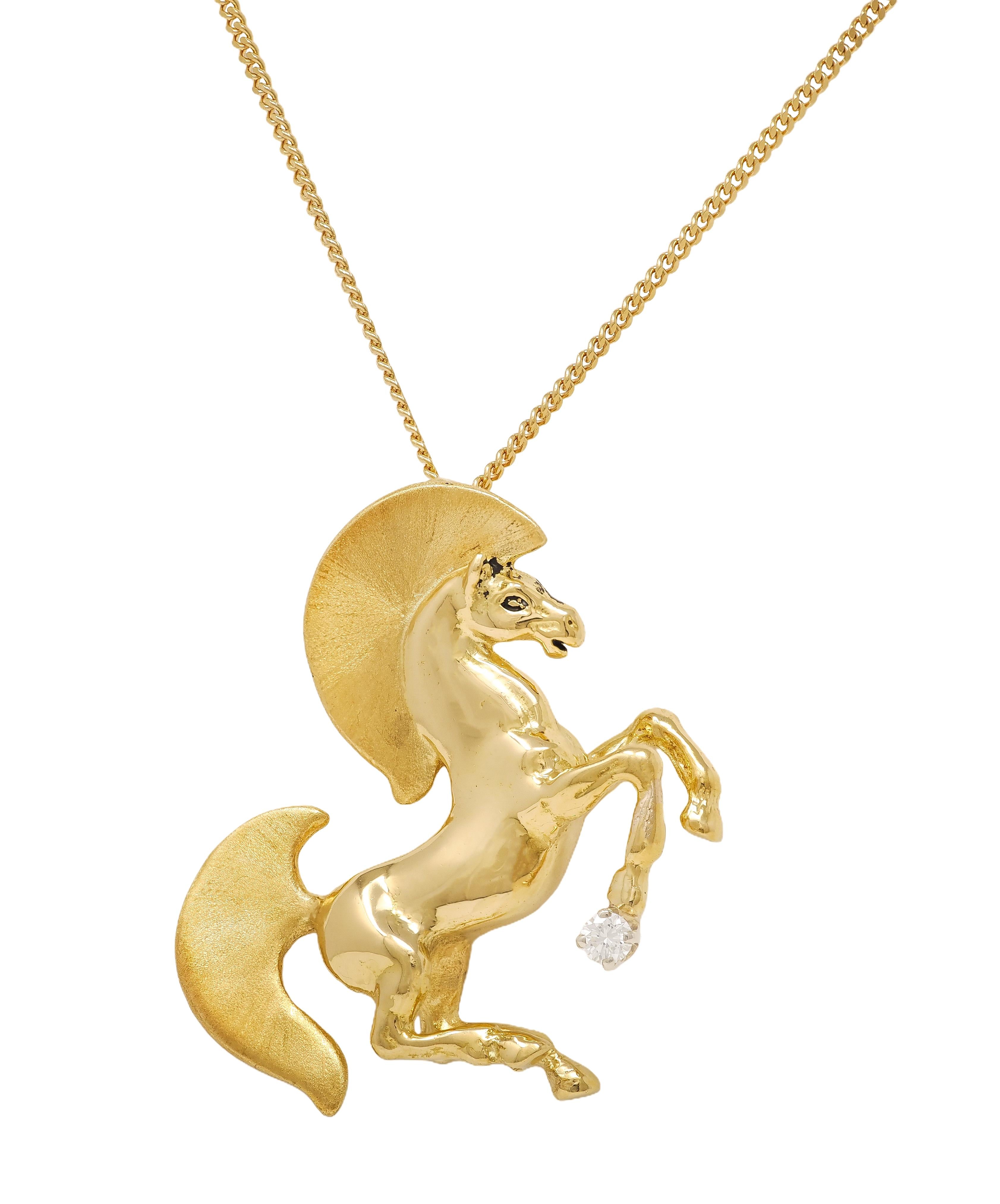 Gayle Bright 1986 18 Karat Two-Tone Gold Diamond Vintage Horse Pendant Necklace