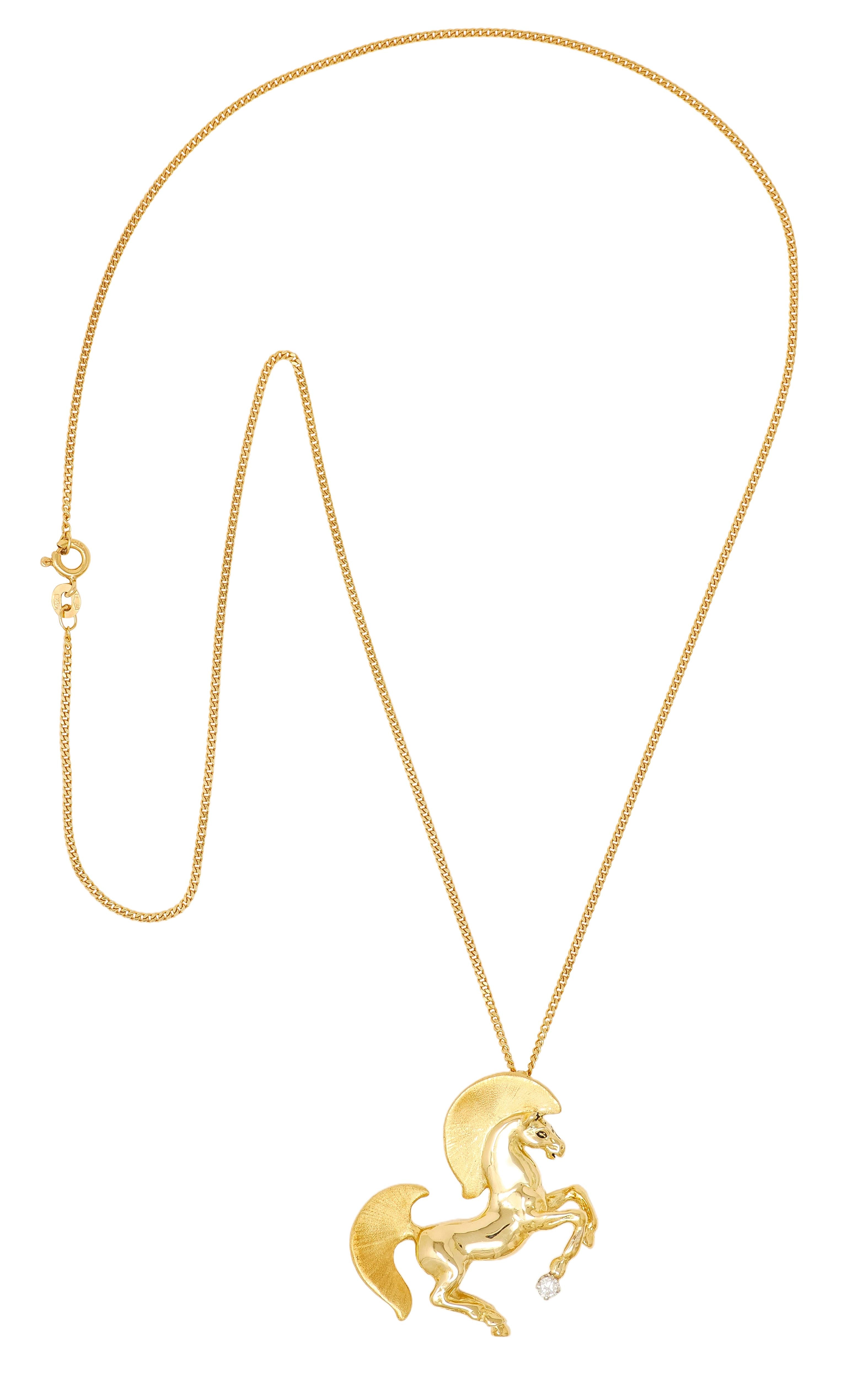 Gayle Bright 1986 18 Karat Two-Tone Gold Diamond Vintage Horse Pendant Necklace