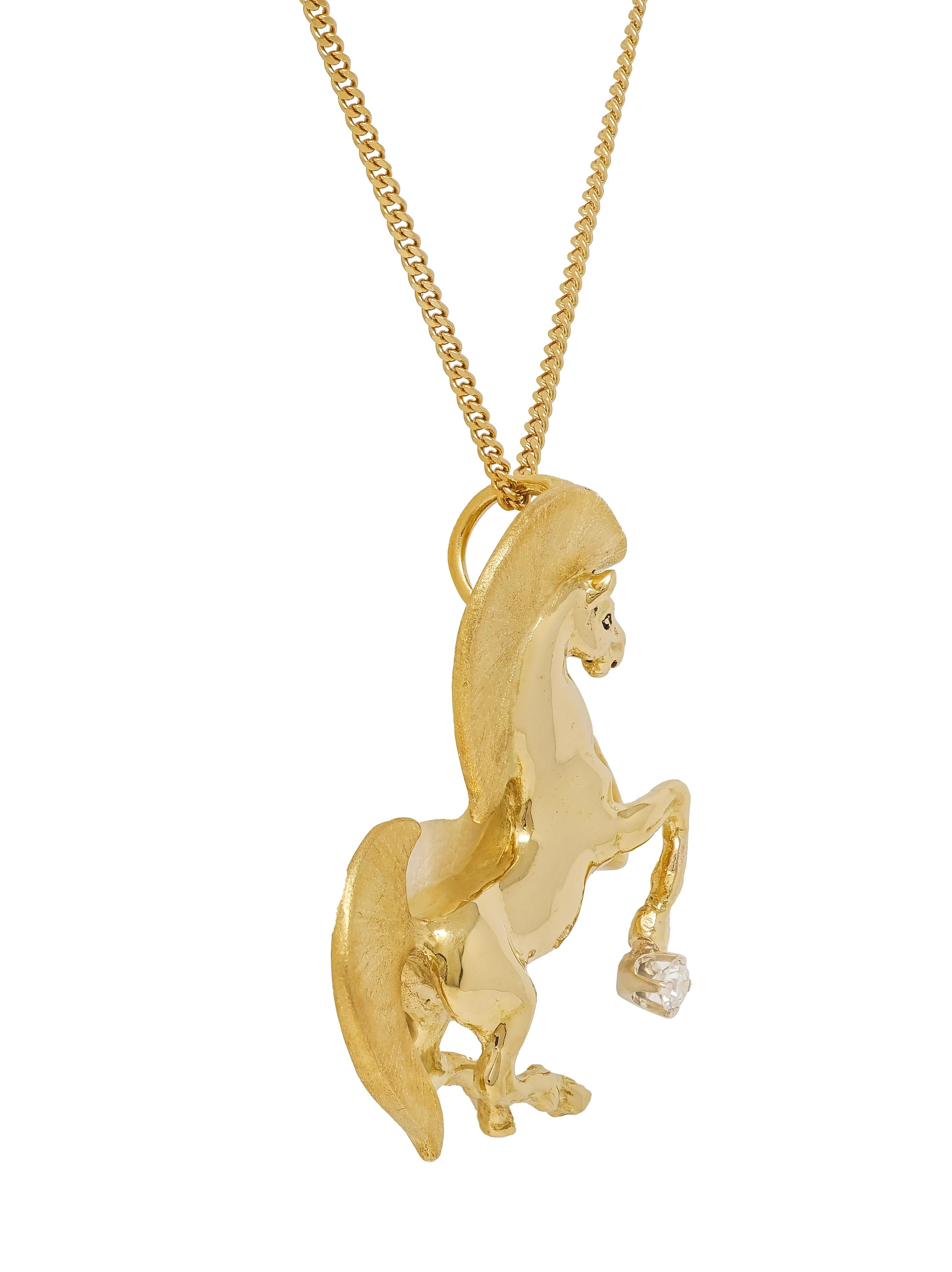 Gayle Bright 1986 18 Karat Two-Tone Gold Diamond Vintage Horse Pendant Necklace