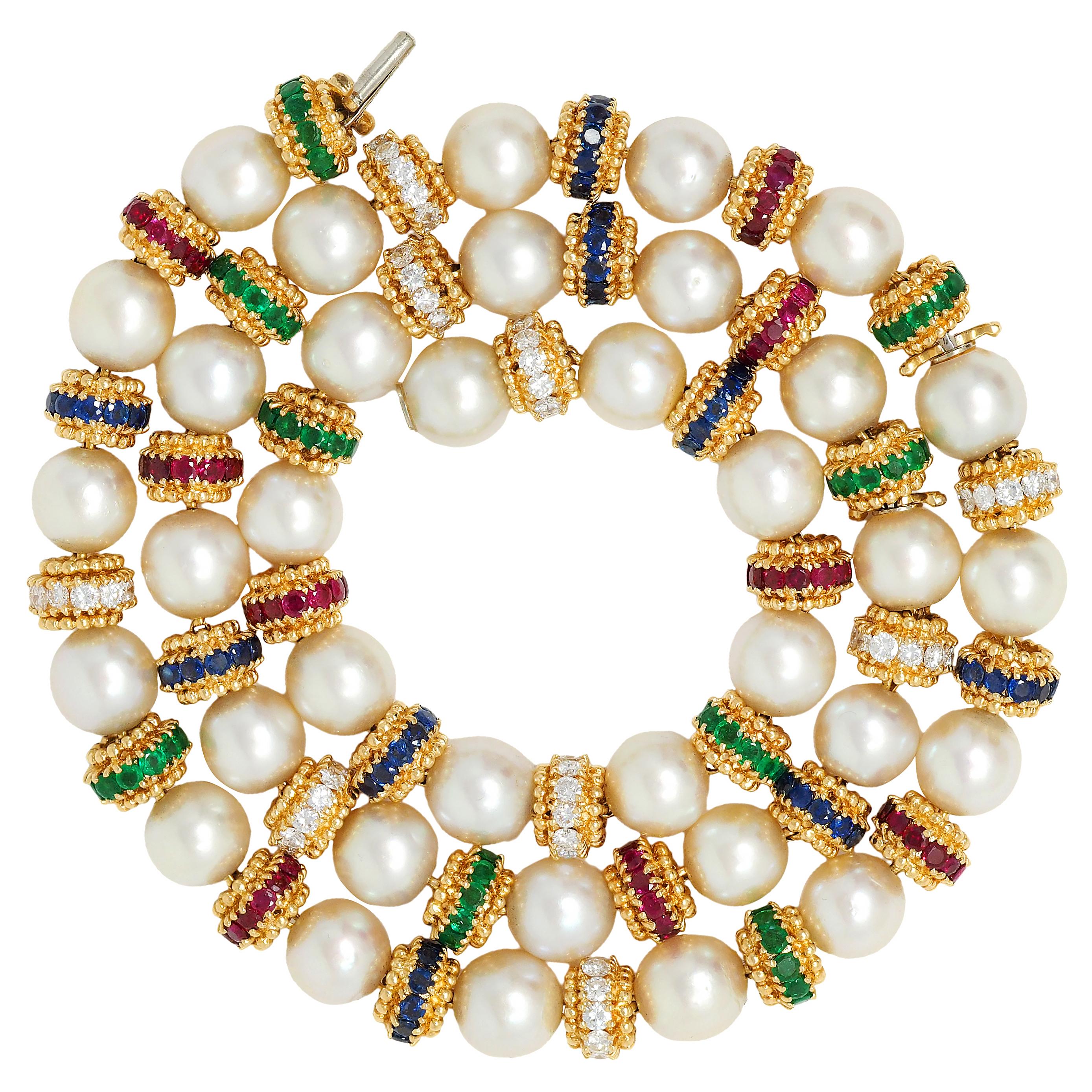 Van Cleef & Arpels 1980's Pearl Multi-Gem 18K Gold Convertible Bracelet Set
