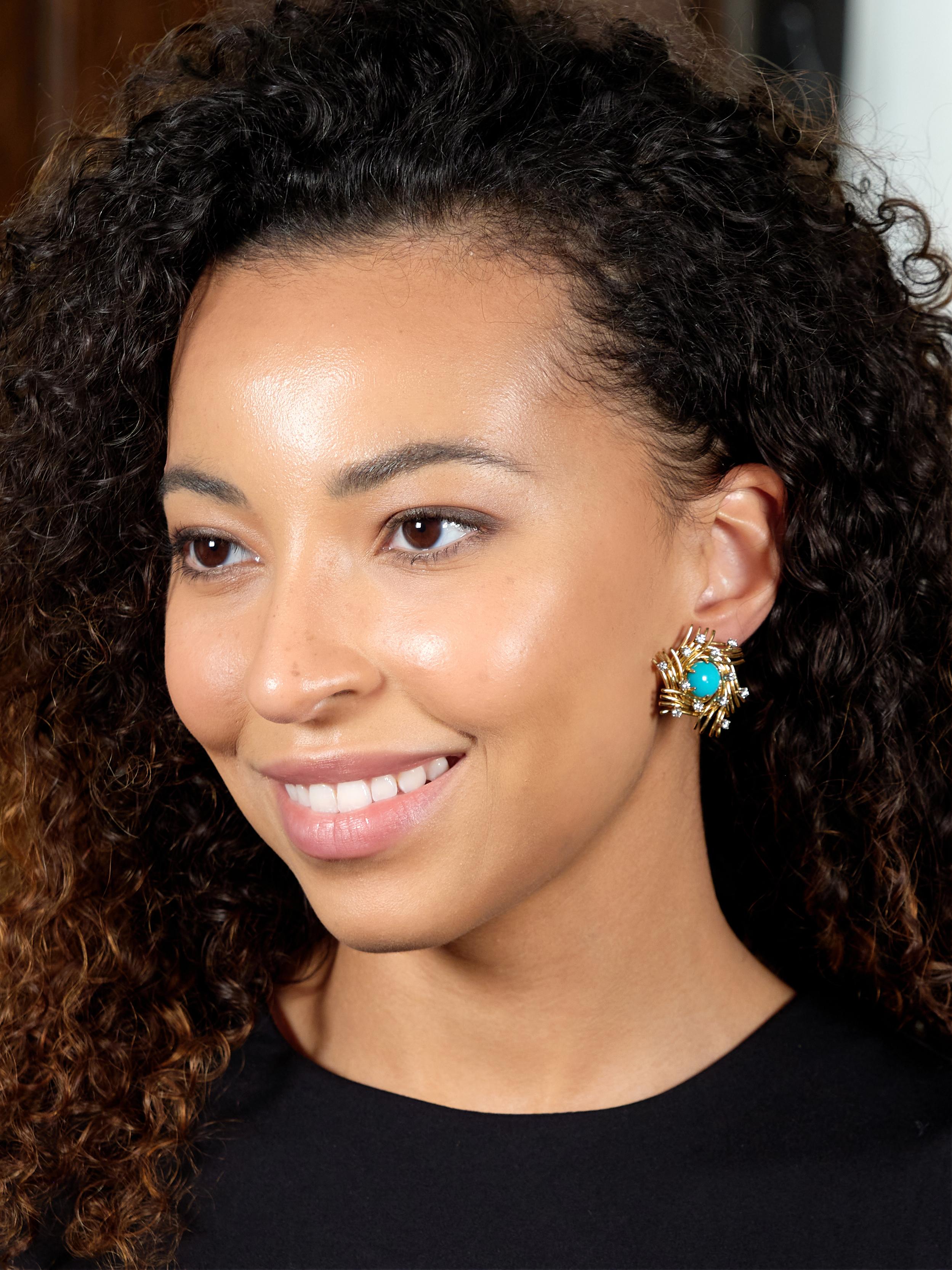 Schlumberger Tiffany & Co. Turquoise Diamond Platinum 18K Vintage Nest Earrings