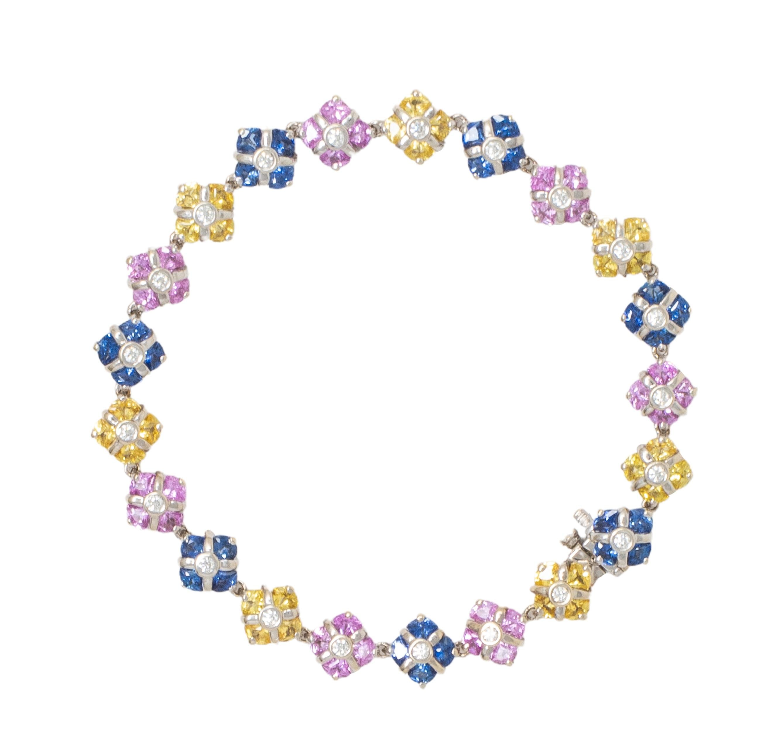 Contemporary 11.02 CTW Party Color Sapphires Diamond 18K Gold Bracelet