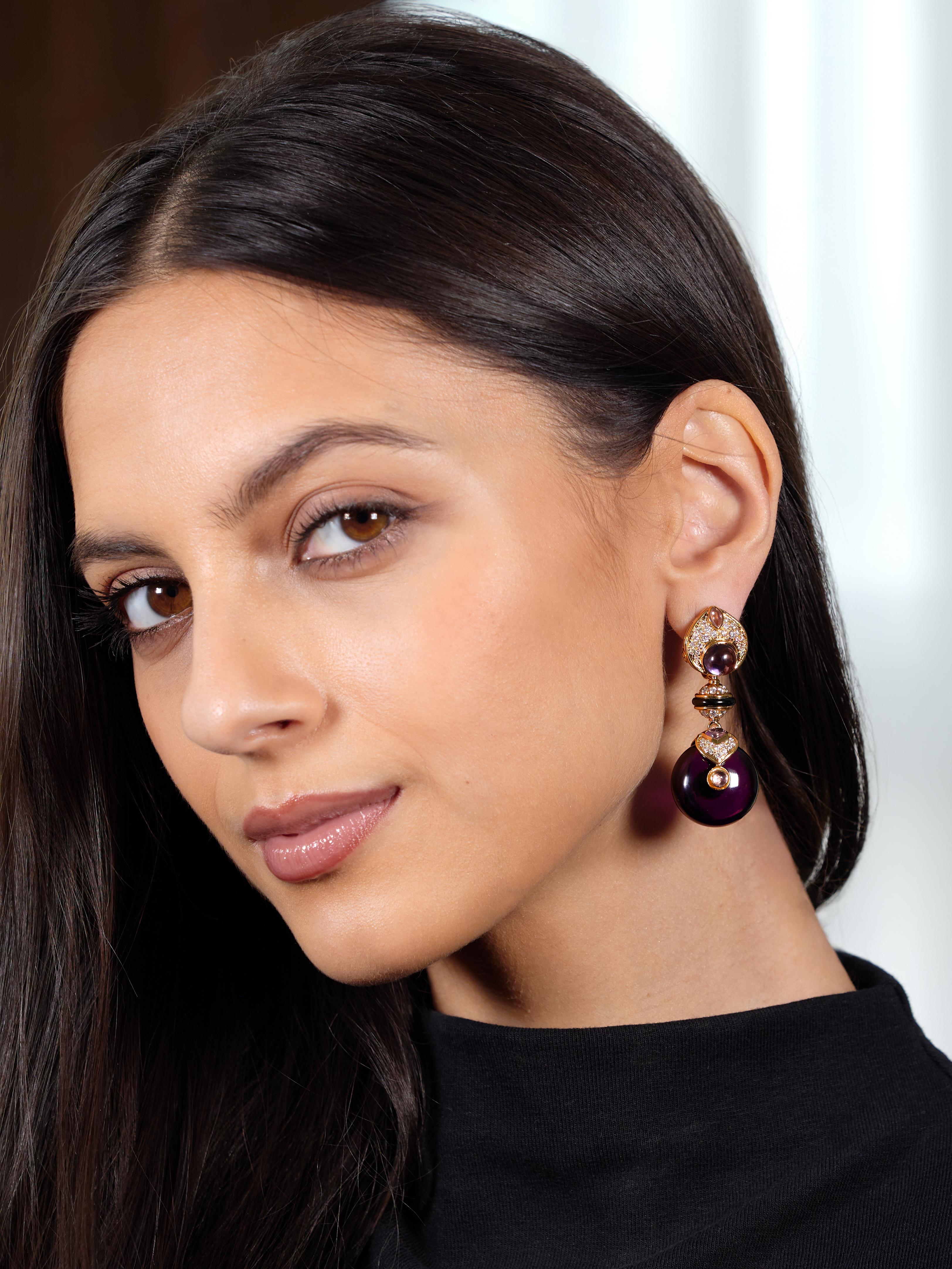 Marina B. 1980's Diamond Amethyst Onyx 18 Karat Gold Vintage Pneu Drop Earrings