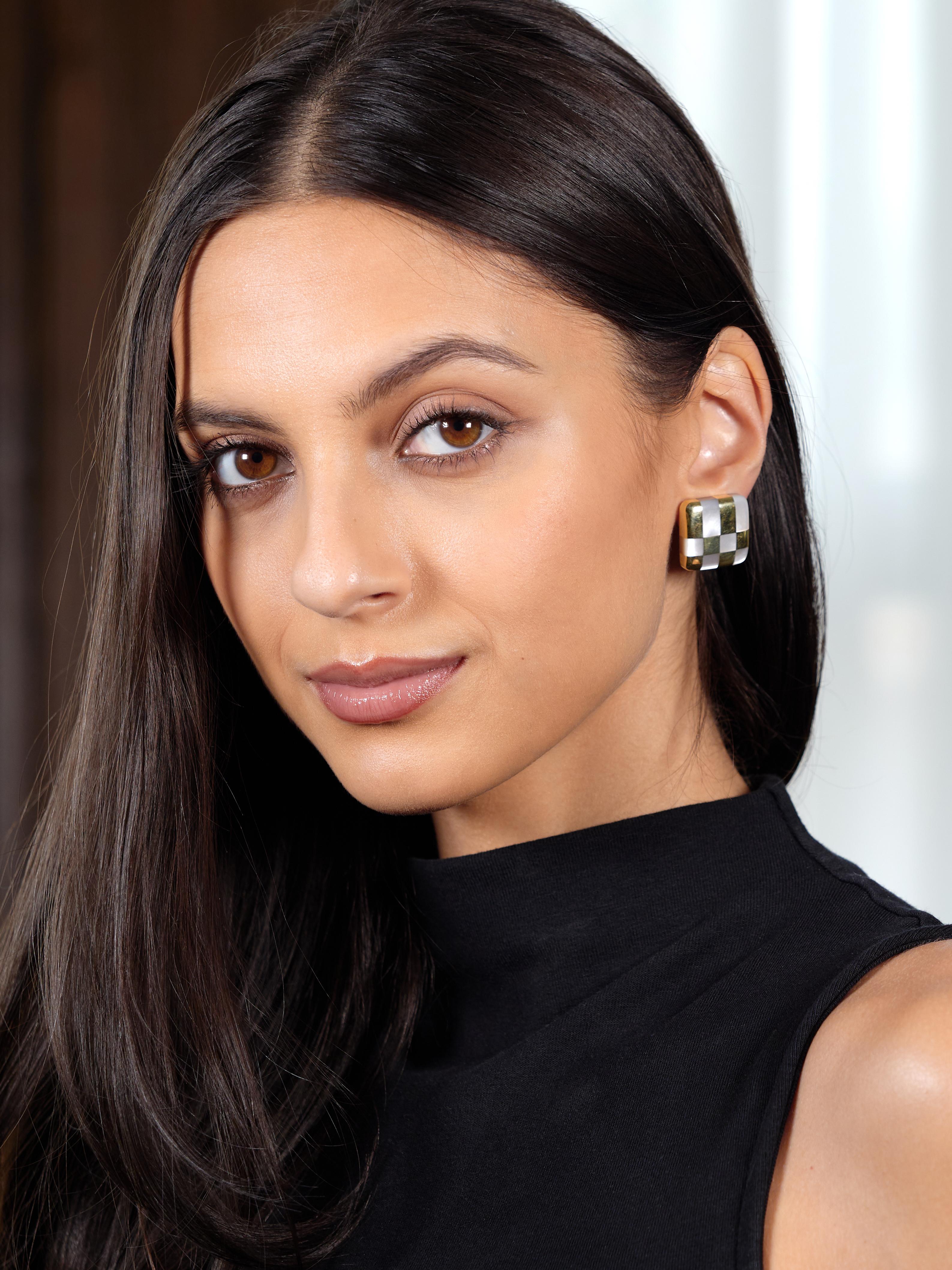 Tiffany & Co Angela Cummings 1982 Pearl 18K Vintage Inlay Checkered Earrings