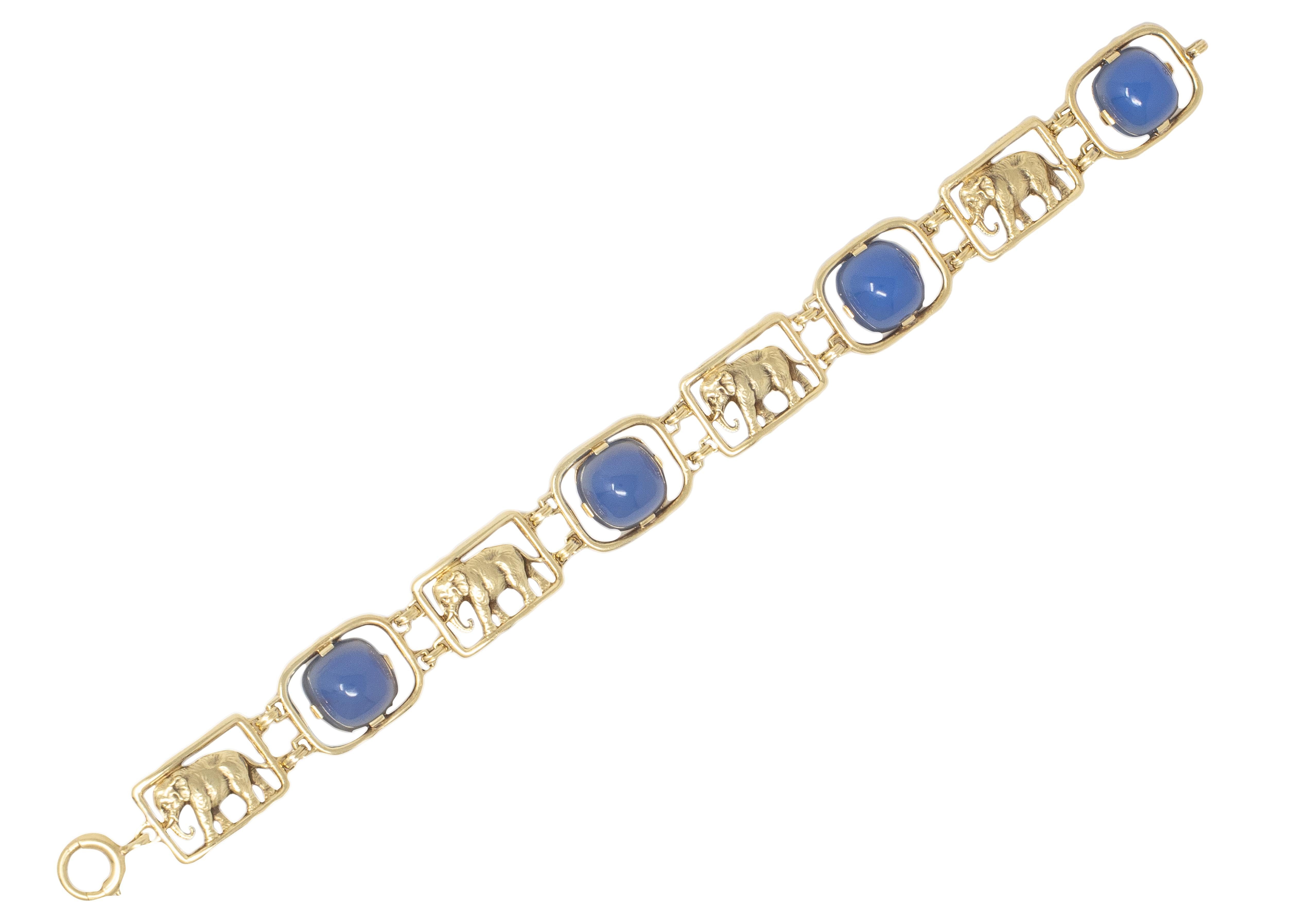Carter Gough & Co. Art Deco Blue Chalcedony 14K Gold Vintage Elephant Bracelet
