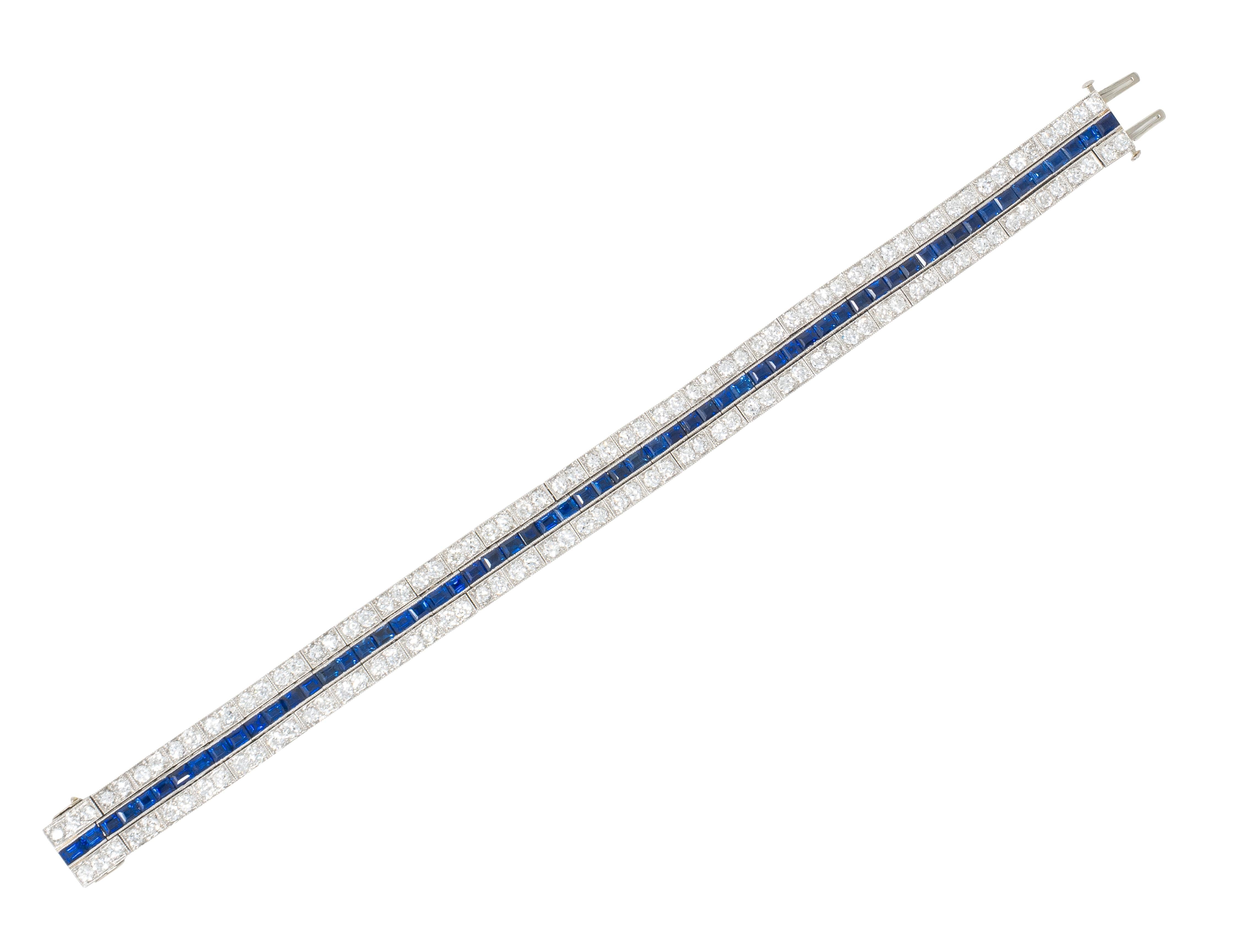 Art Deco 16.80 CTW Diamond Sapphire Platinum Foliate Vintage Line Bracelet