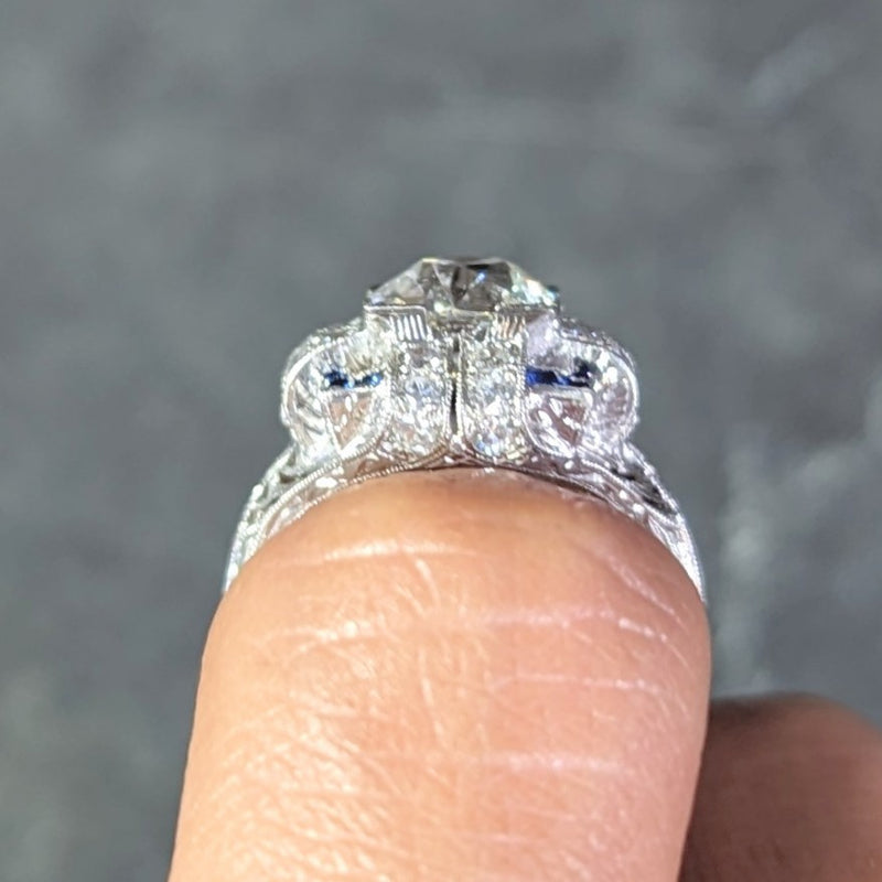 Art Deco 2.35 CTW Diamond Sapphire Platinum Foliate Quatrefoil Engagement Ring Wilson's Estate Jewelry