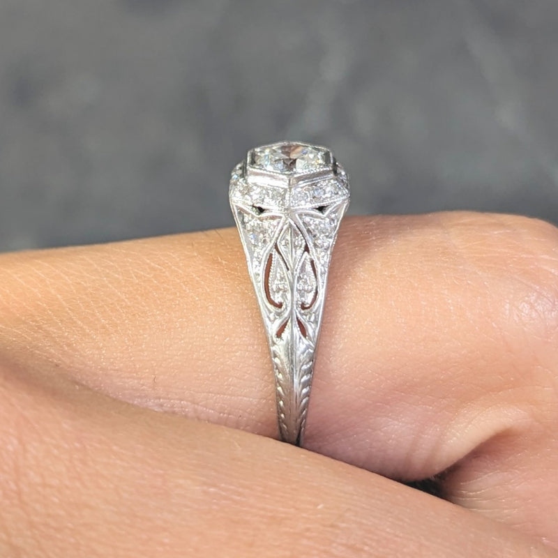 Art Deco 0.54 CTW Old European Cut Diamond Platinum Hexagonal Antique Engagement Ring Wilson's Estate Jewelry