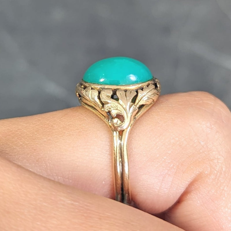 Arts & Crafts Chrysoprase Cabochon 14 Karat Gold Foliate Floral Antique Ring Wilson's Estate Jewelry