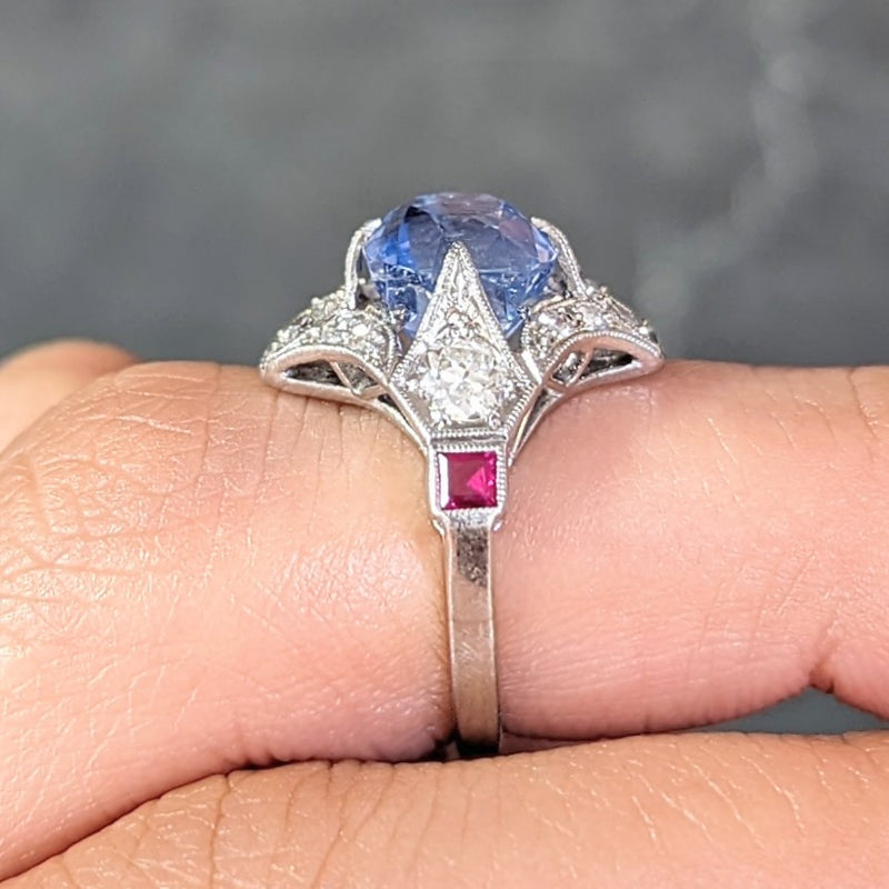 Art Deco 7.92 CTW No Heat Ceylon Sapphire Diamond Ruby Platinum Quatrefoil Vintage Ring GIA Wilson's Estate Jewelry