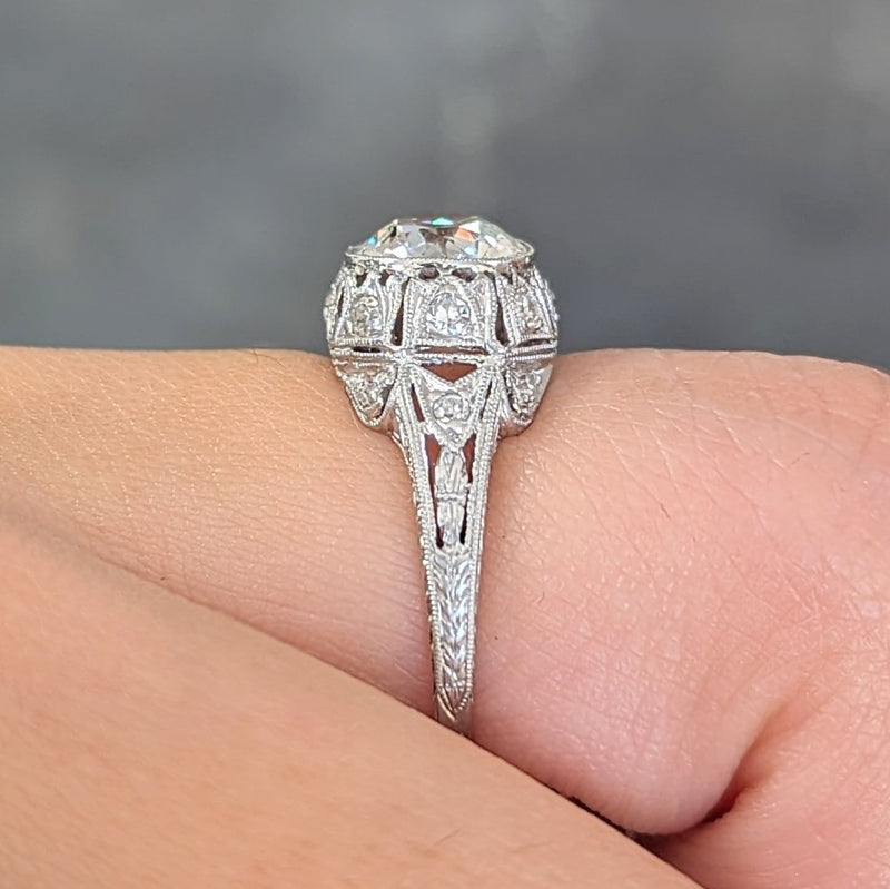 Art Deco 1.72 CTW Old European Cut Diamond Platinum Tulip Vintage Engagement Ring Wilson's Estate Jewelry