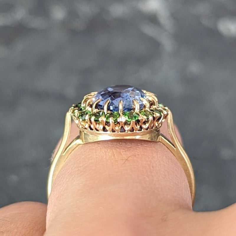 Vintage 5.63 CTW No Heat Ceylon Sapphire Demantoid Garnet 18 Karat Yellow Gold Halo Ring GIA Wilson's Estate Jewelry
