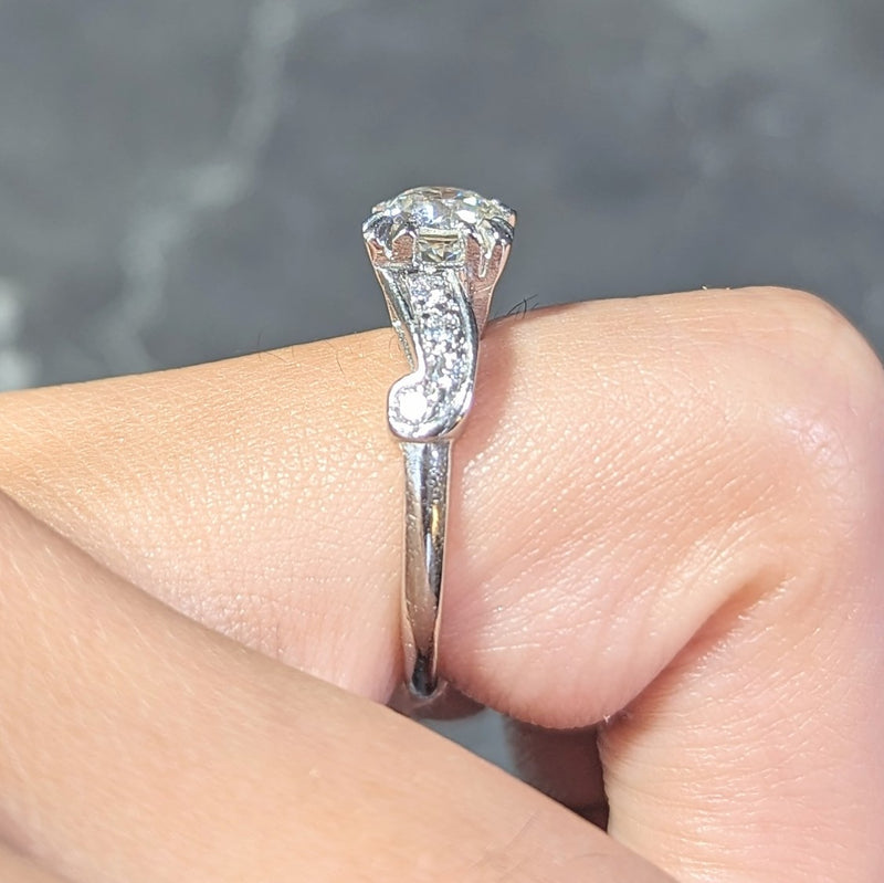 Mid-Century 1.11 CTW Diamond Platinum Scrolling Ribbon Vintage Engagement Ring Wilson's Estate Jewelry