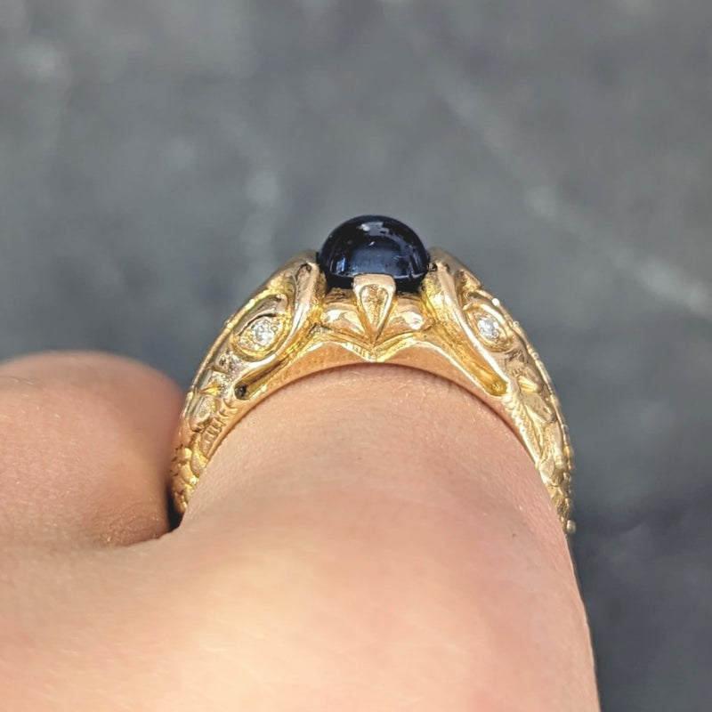 Art Nouveau Sapphire Cabochon Diamond 14 Karat Gold Koi Fish Unisex Antique Ring Wilson's Estate Jewelry