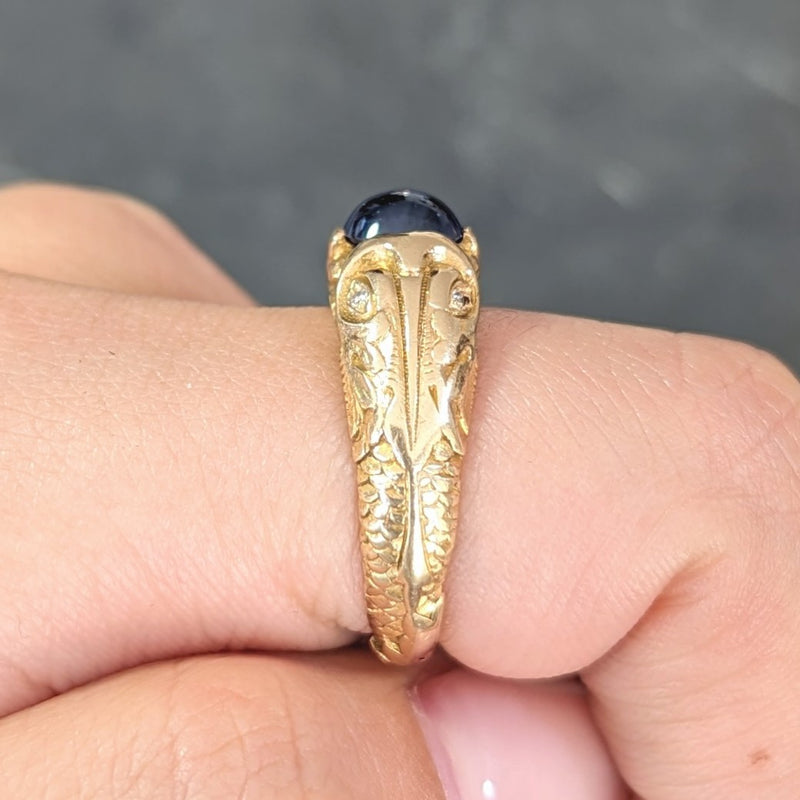 Art Nouveau Sapphire Cabochon Diamond 14 Karat Gold Koi Fish Unisex Antique Ring Wilson's Estate Jewelry