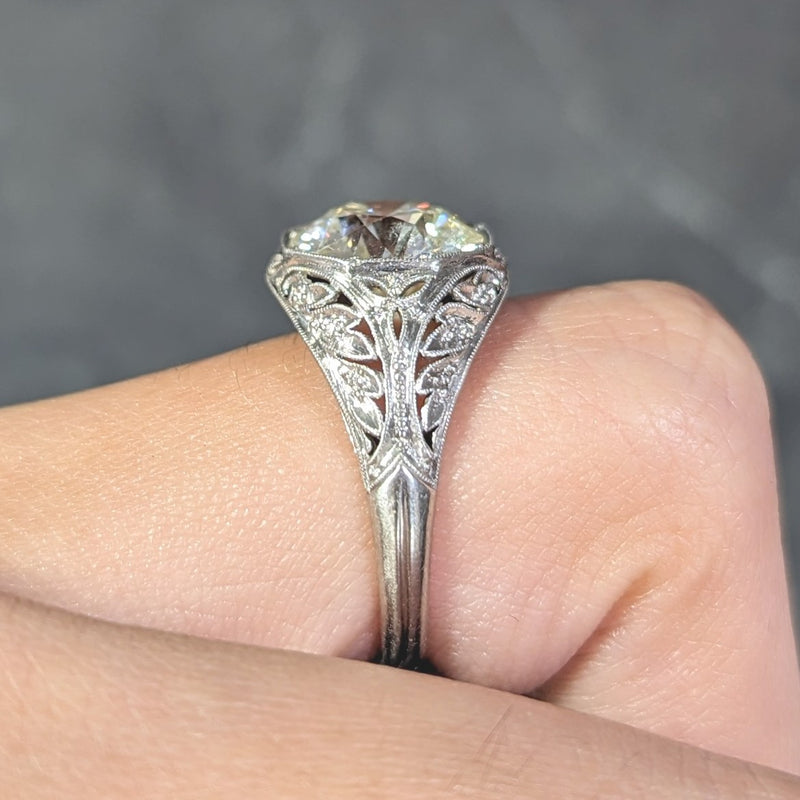 Art Deco 3.03 CTW Old European Cut Diamond Platinum Scrolling Foliate Vintage Engagement Ring GIA Wilson's Estate Jewelry