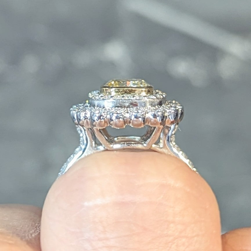 Tiffany & Co. 1.87 CTW Fancy Yellow Diamond Platinum 18 Karat Soleste Halo Ring Wilson's Estate Jewelry