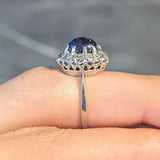 Art Deco 3.52 CTW Sapphire Cabochon Diamond 18 Karat White Gold Halo Ring Wilson's Estate Jewelry