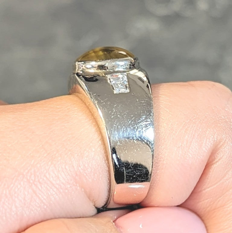 1960's Cat's Eye Chrysoberyl Diamond 14 Karat White Gold Three Stone Ring Wilson's Estate Jewelry