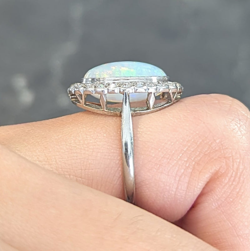 Opal Art Deco Jelly Opal Diamond Platinum 18 Karat Gold Vintage Halo Ring Wilson's Estate Jewelry