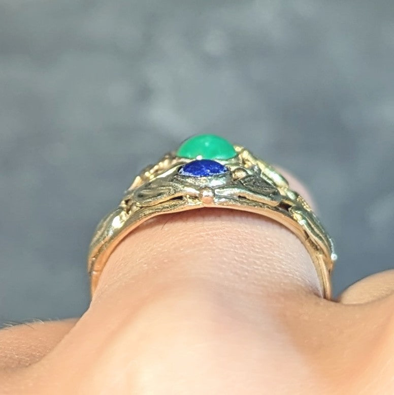 Arts & Crafts Jade Lapis Lazuli 14 Karat Two-Tone Gold Foliate Navette Antique Ring Wilson's Estate Jewelry
